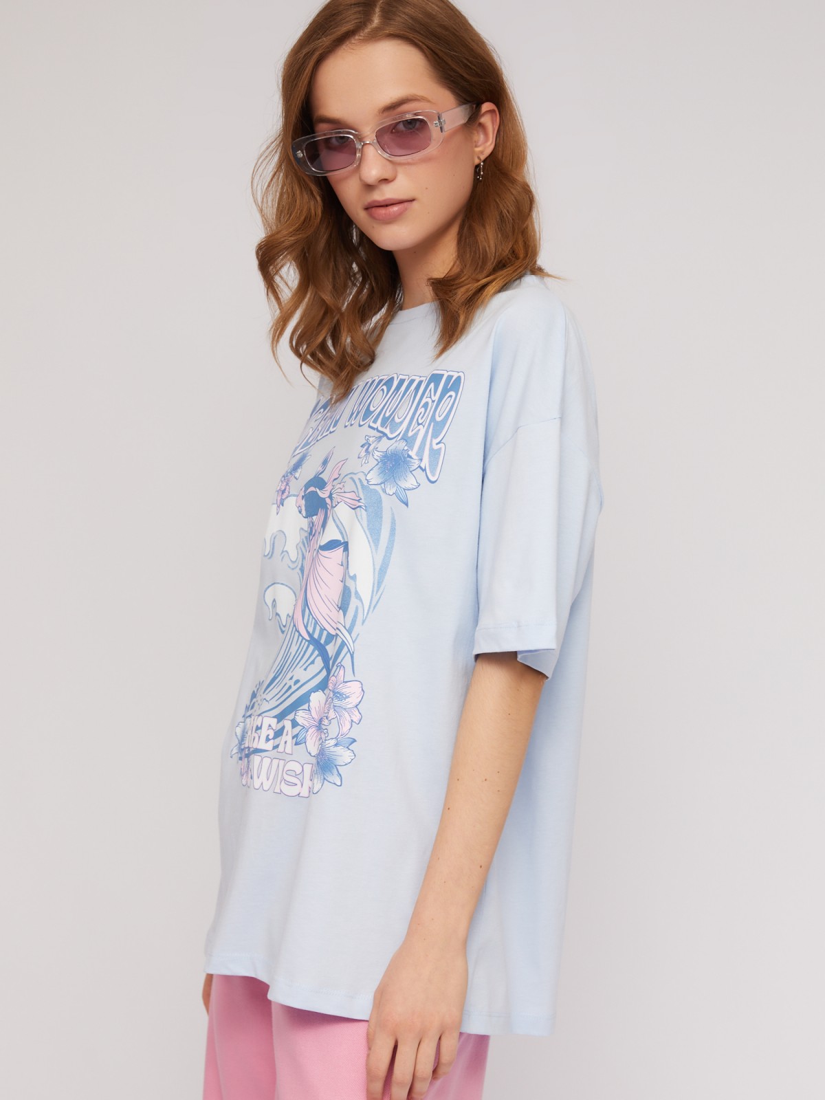 Трикотажная оверсайз футболка из хлопка с принтом zolla N24243292031, цвет светло-голубой, размер XS - фото 5