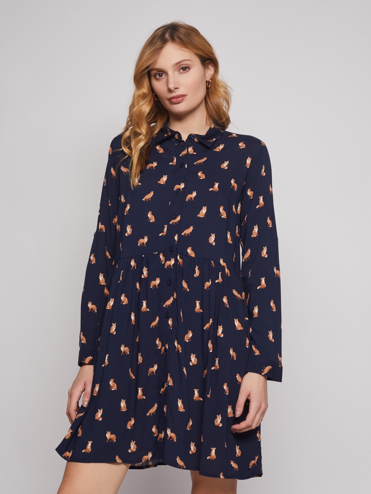 Платье-рубашка с животным принтом zolla 02232824Y023, цвет синий, размер XS