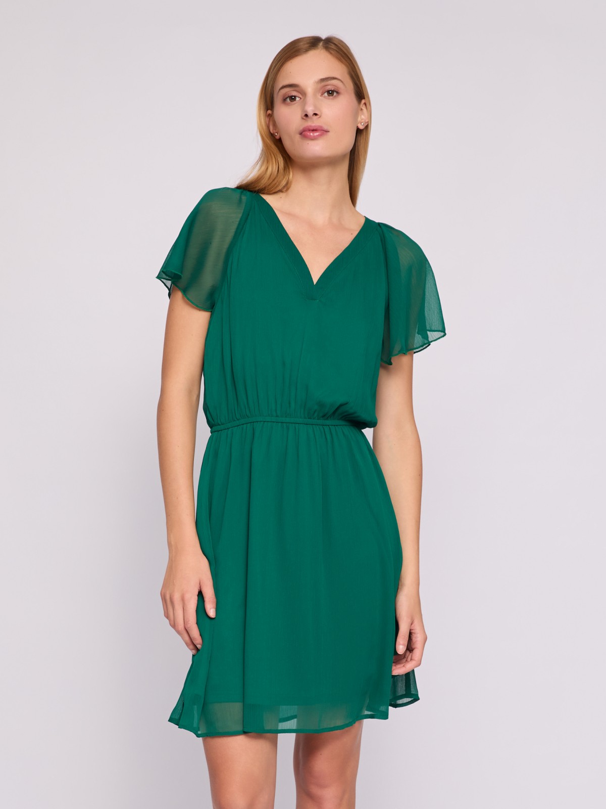 Шифоновое платье мини без принта zolla 024238262092, цвет темно-зеленый, размер M - фото 1