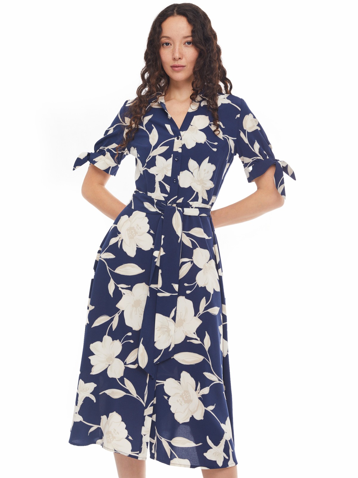 Платье-рубашка с поясом и акцентными короткими рукавами zolla 024138240242, цвет синий, размер XS