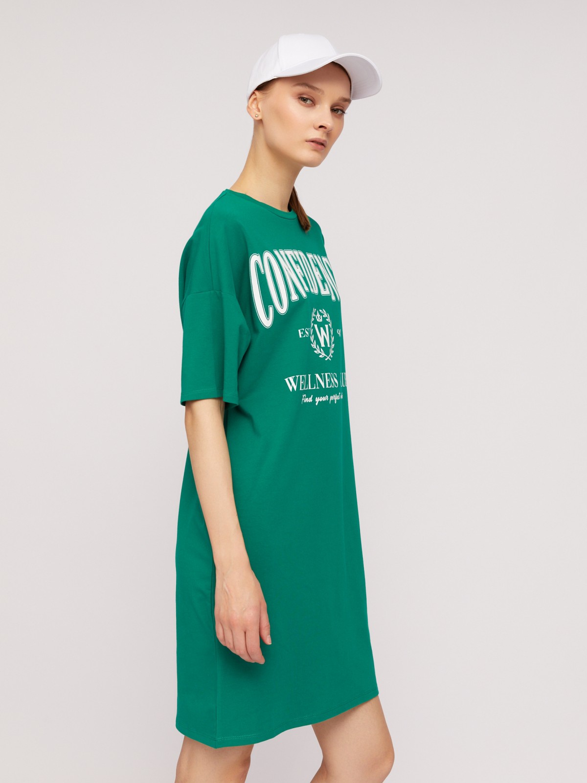 Платье-футболка из хлопка с коротким рукавом и принтом-надписью zolla N24218192033, цвет зеленый, размер S - фото 5