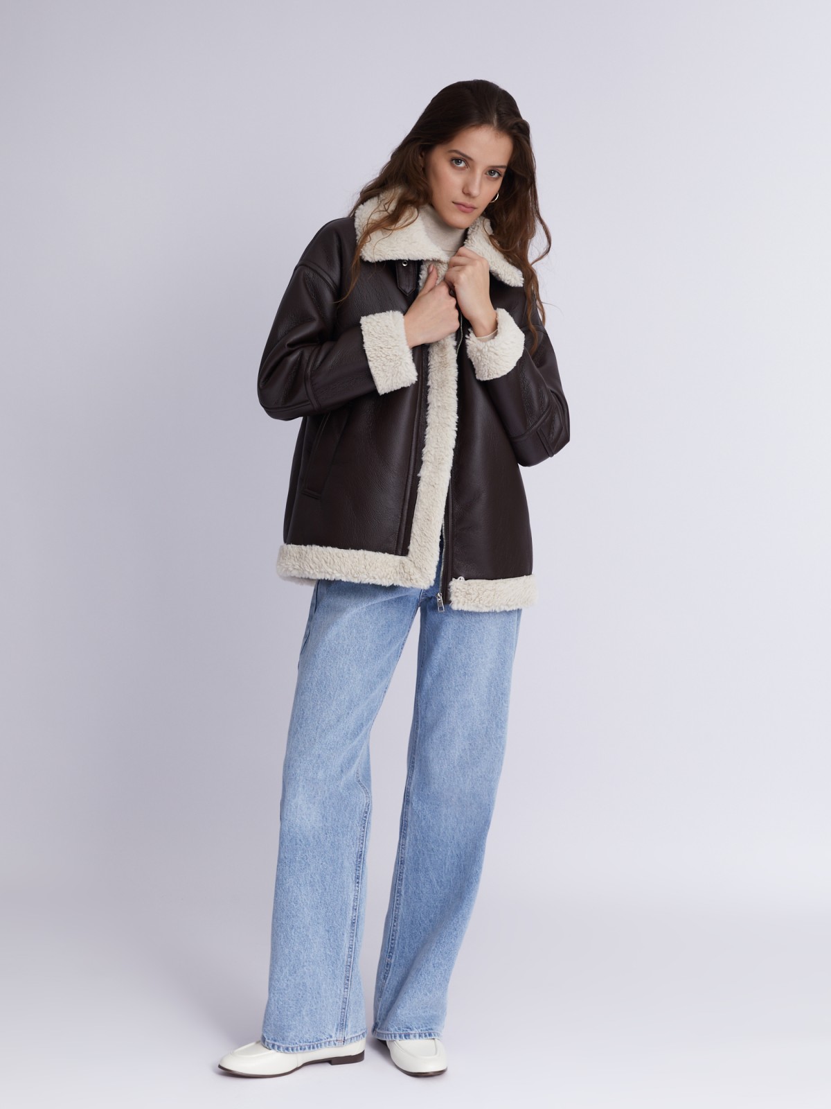 Тёплая куртка-дублёнка из экокожи с искусственным мехом по подкладке zolla 023335550124, цвет коричневый, размер XS - фото 2