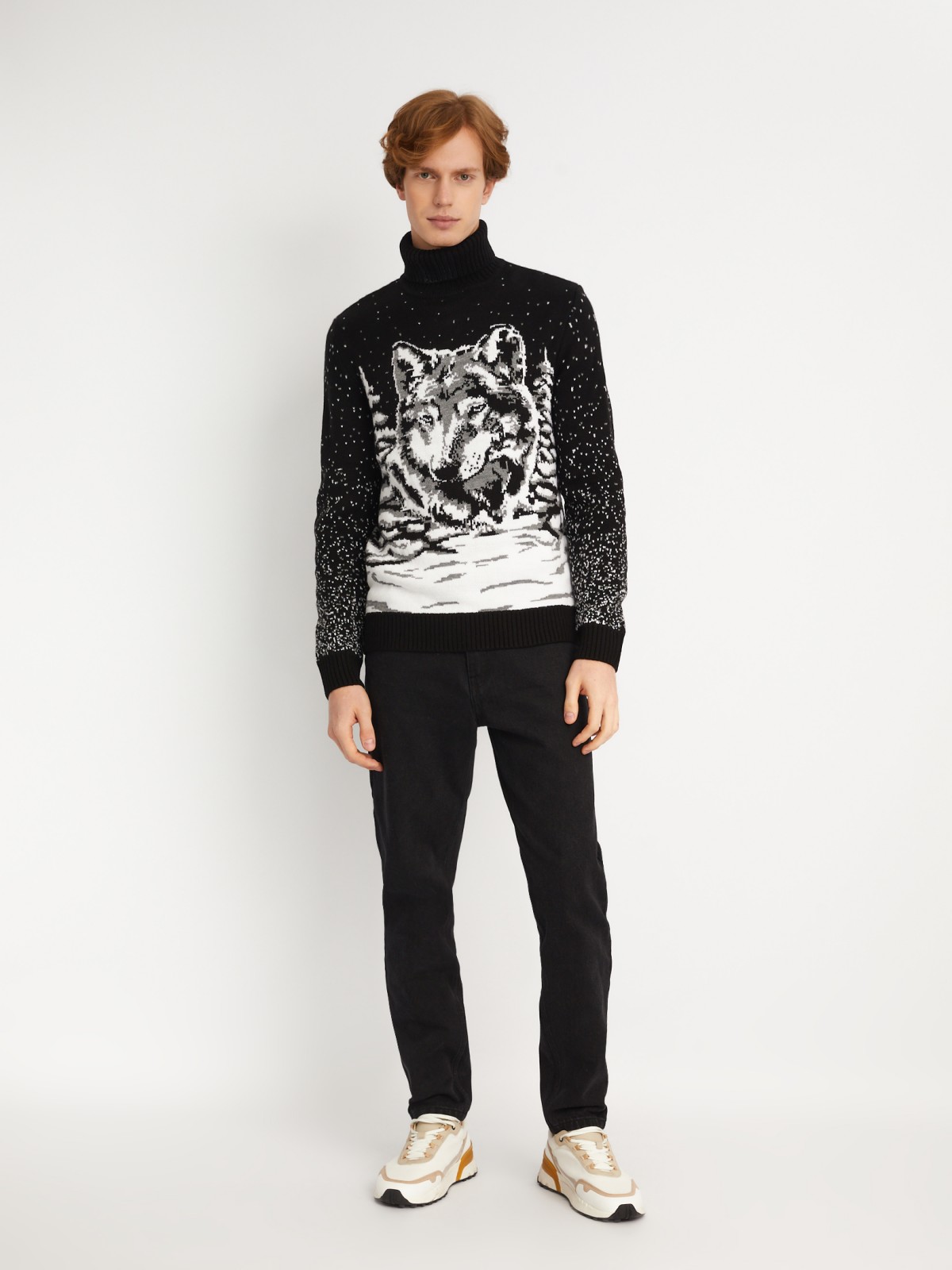Вязаный свитер из акрила с волком zolla 013446123023, цвет черный, размер S - фото 2