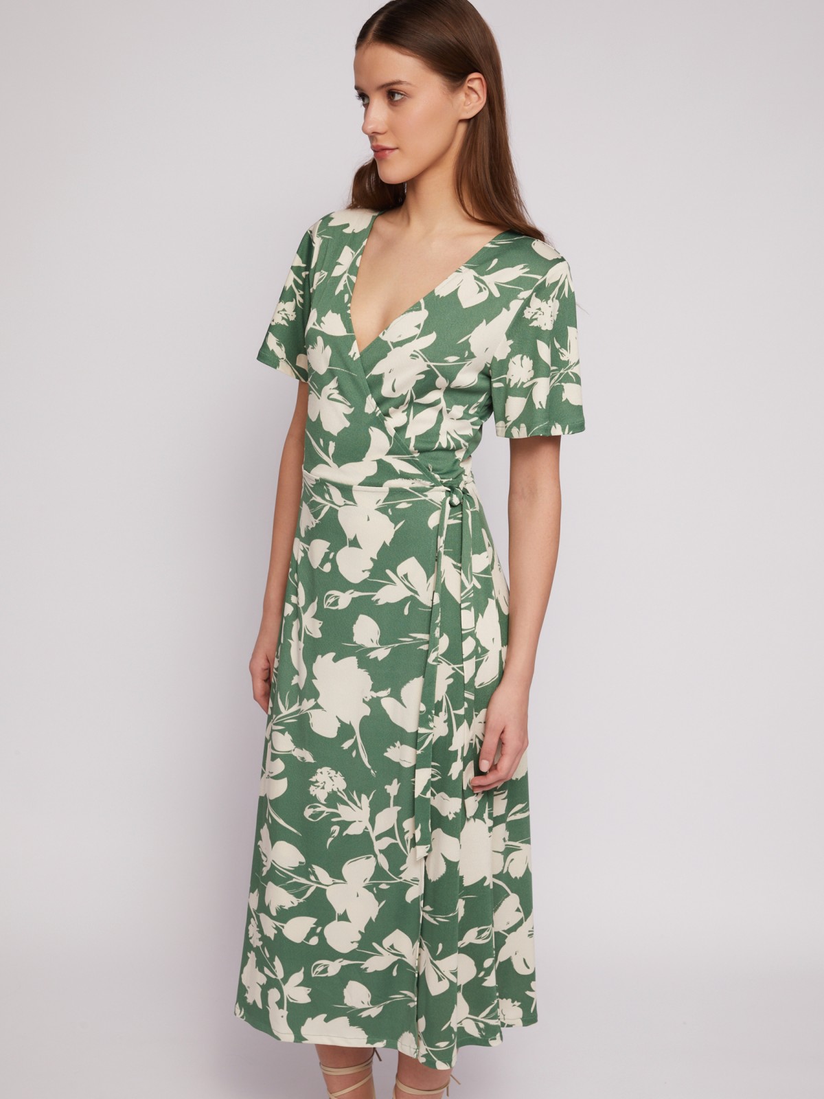Приталенное платье-халат с запахом и растительным принтом zolla N24218159111, цвет зеленый, размер M - фото 3