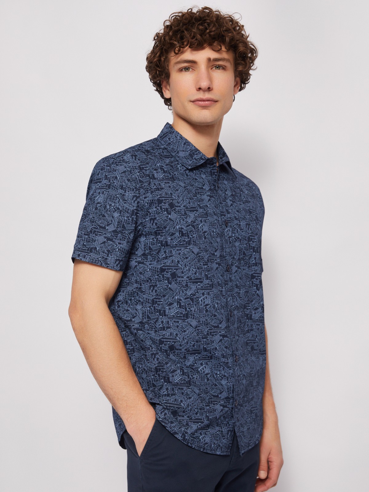 Рубашка из хлопка с принтом и с коротким рукавом zolla 01422227Y073, цвет темно-синий, размер M - фото 4