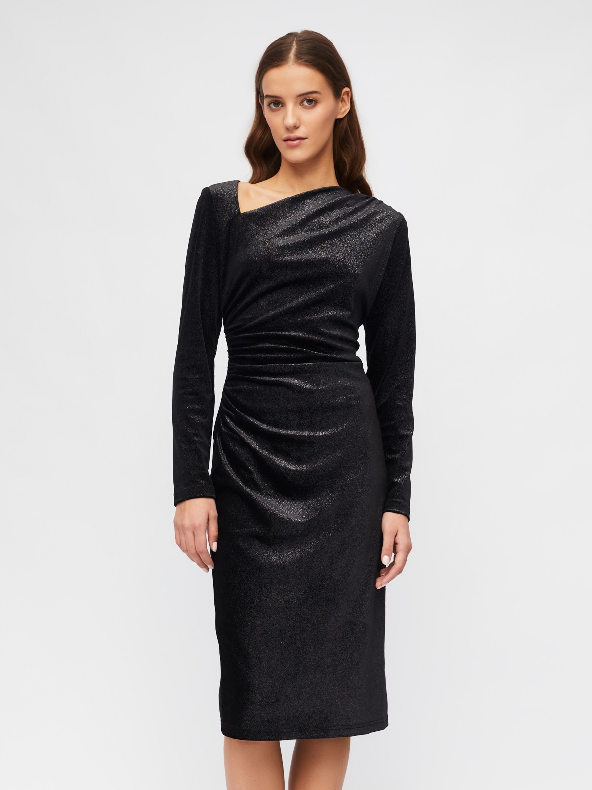 Прилегающее бархатное платье с драпировкой и блёстками zolla 023458159221, цвет черный, размер XS