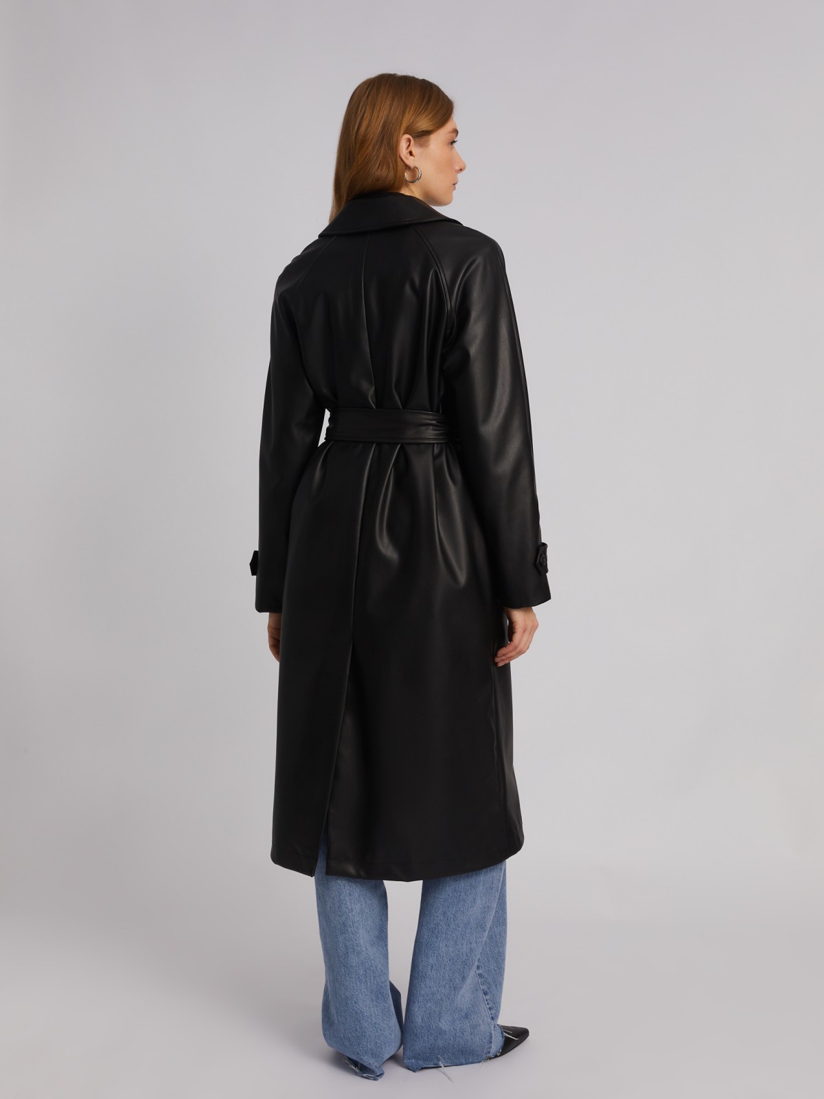 Длинное пальто-тренч из экокожи с рукавами реглан и поясом zolla 024135707024, цвет черный, размер XS - фото 6