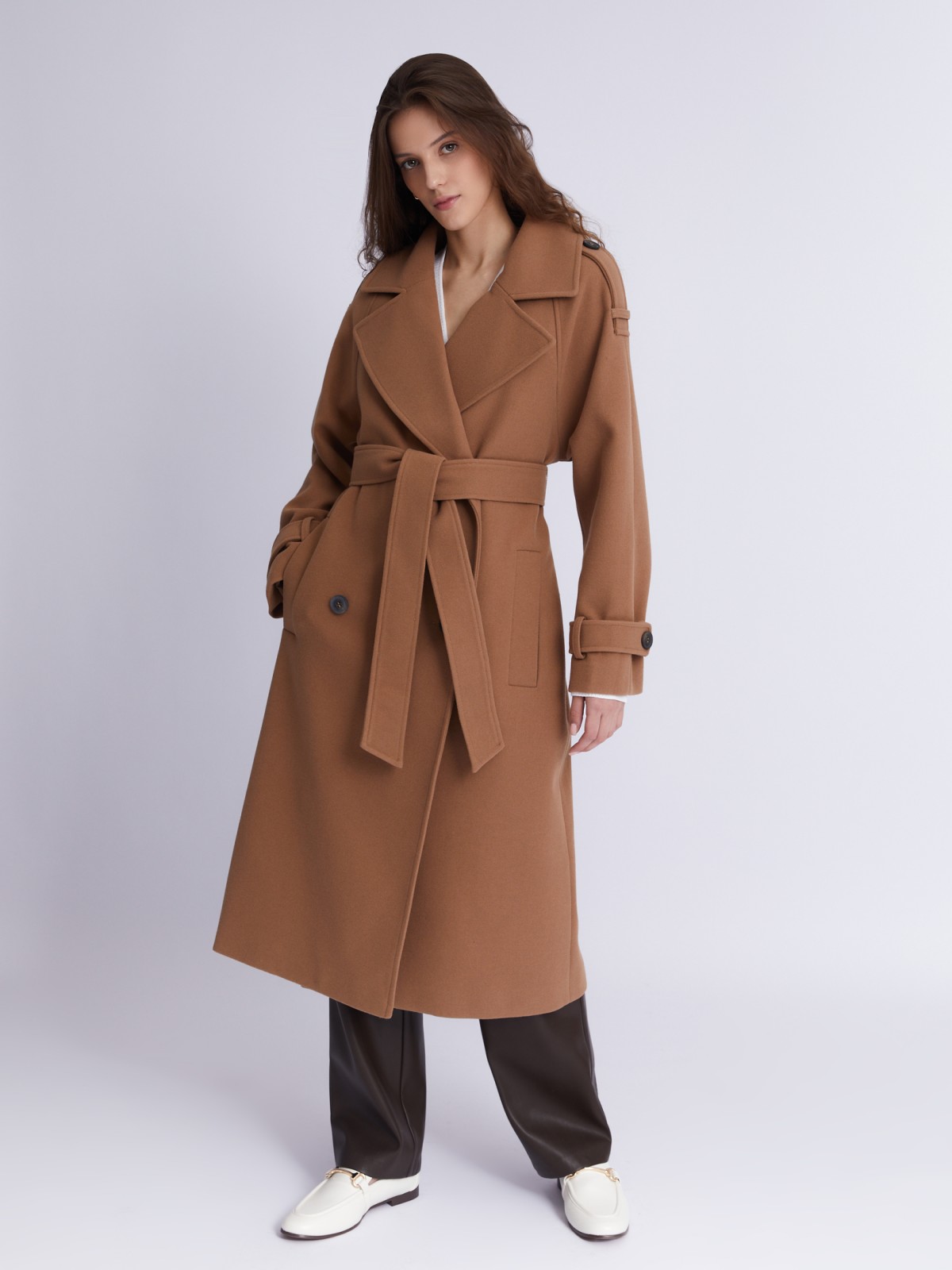 Длинное пальто-тренч без утеплителя на пуговицах с рукавами реглан и поясом zolla 023335866114, цвет бежевый, размер XS - фото 4