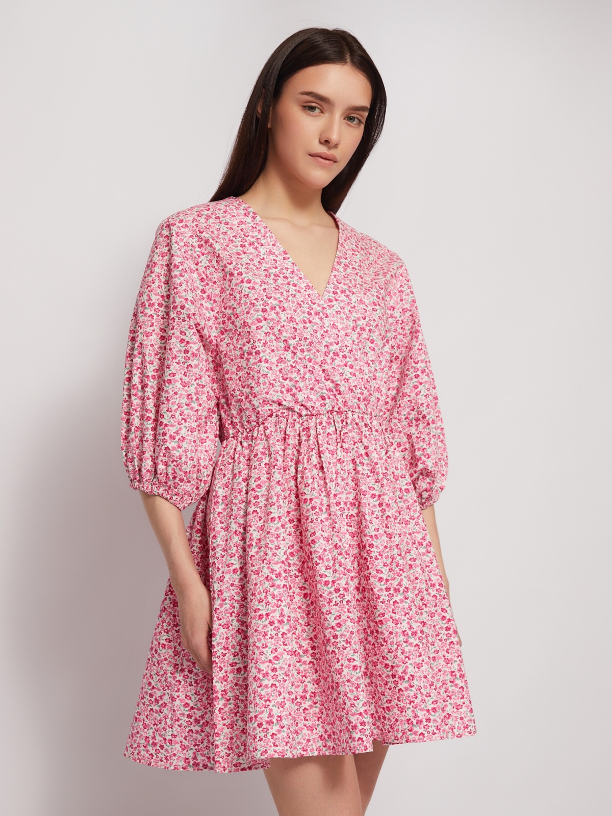Платье мини из хлопка на резинке zolla 024228259023, цвет розовый, размер XS - фото 4