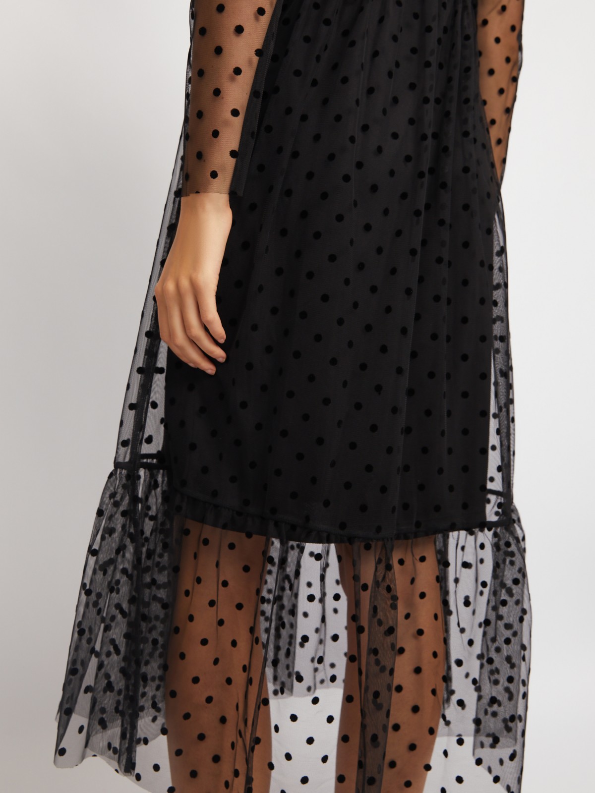 Двойное ярусное платье из сетки в горошек и нижней комбинации zolla 024118132043, цвет черный, размер XS - фото 5