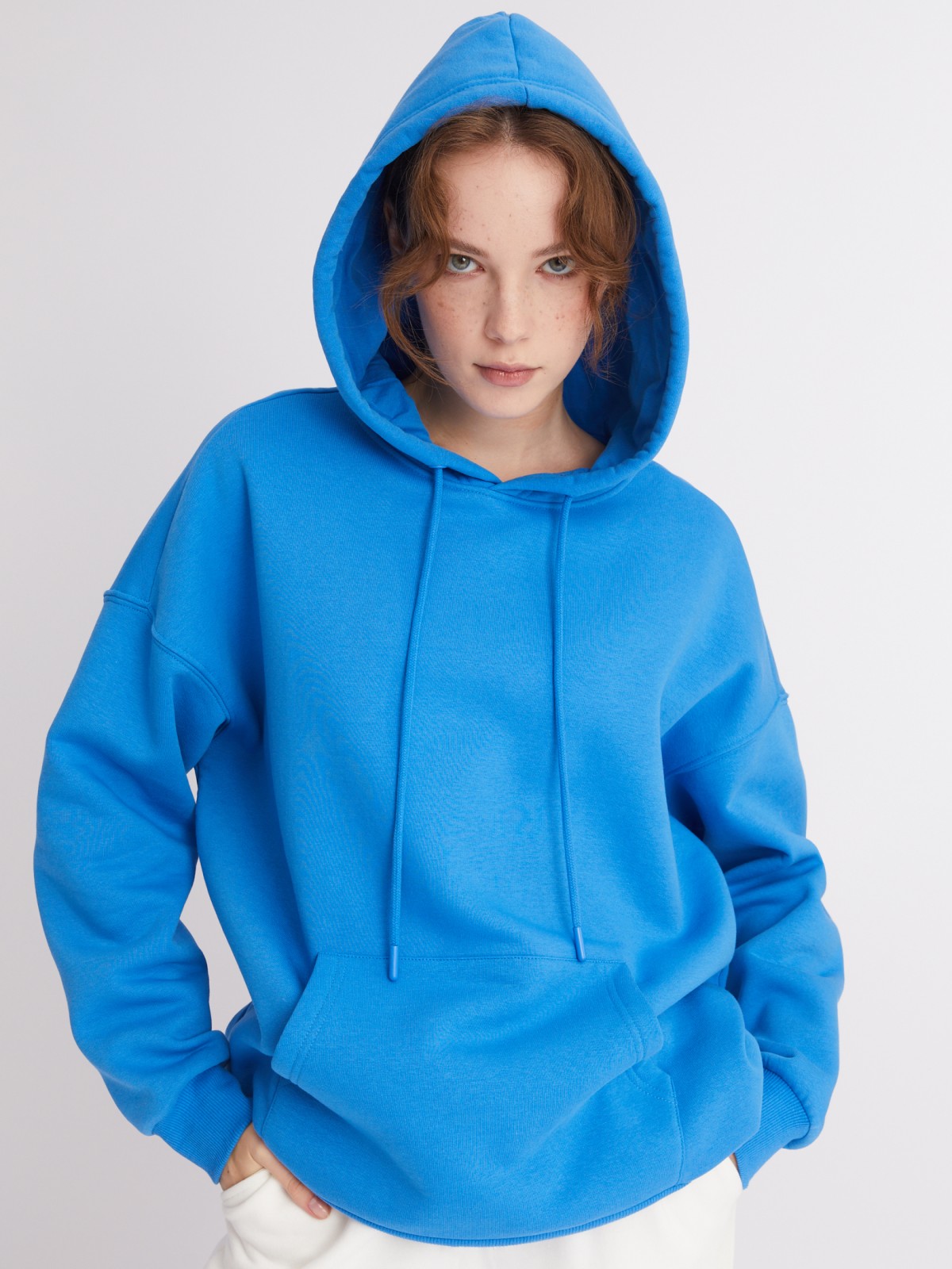 Утеплённый худи оверсайз силуэта с капюшоном и карманом-кенгуру zolla 02333411Y023, цвет голубой, размер XS - фото 4