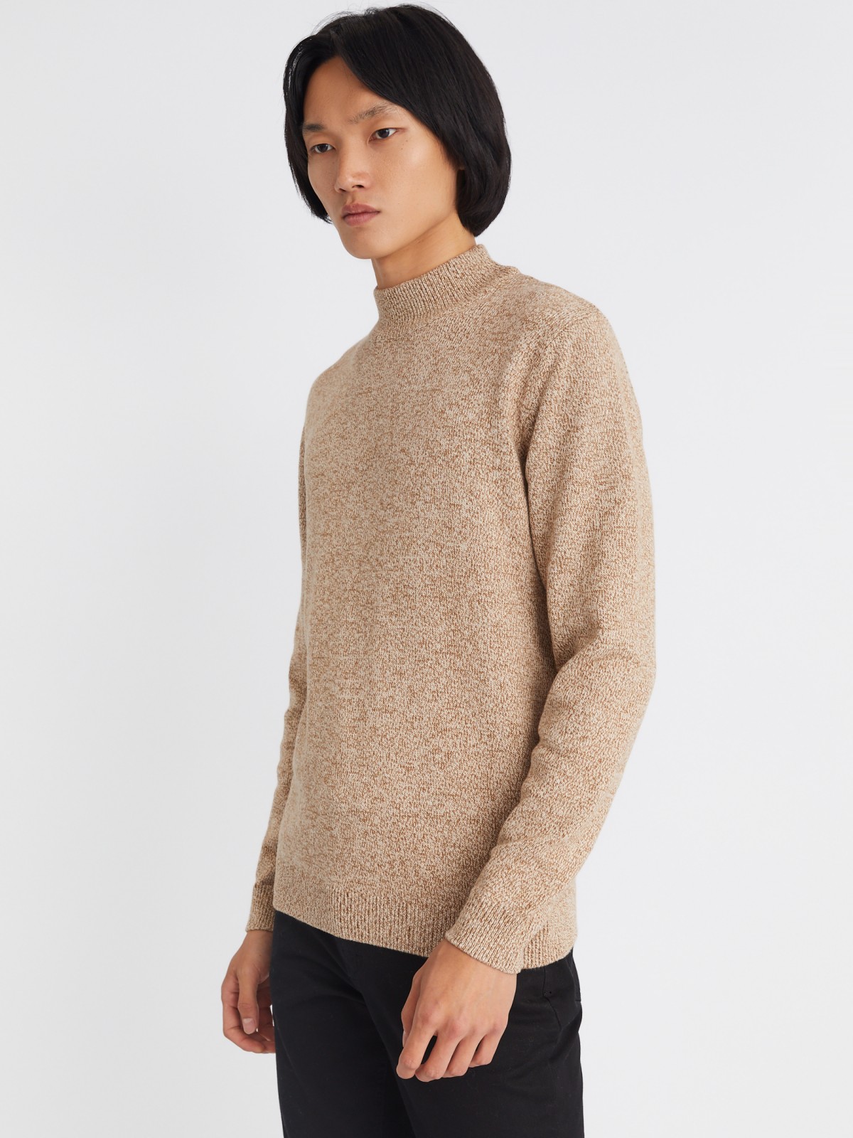 Вязаный свитер из хлопка с воротником-полустойкой и длинным рукавом zolla 012346183043, цвет бежевый, размер S - фото 4