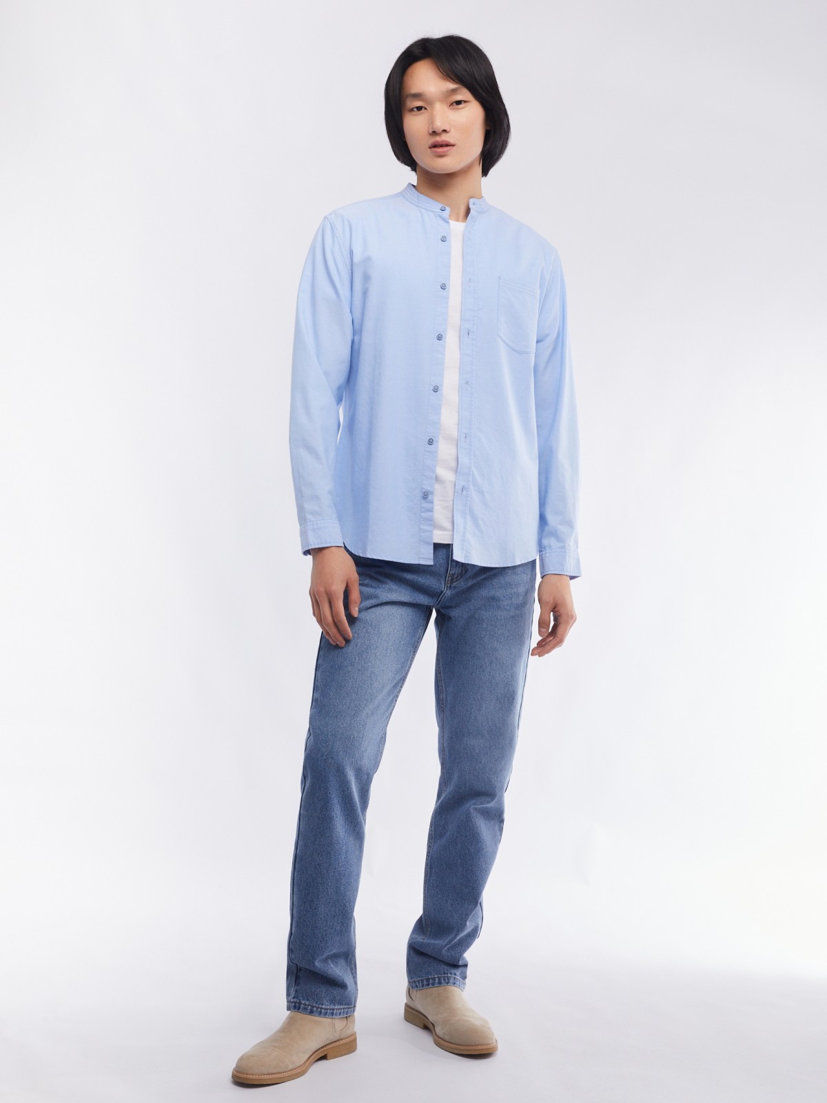 Офисная рубашка из хлопка с воротником-стойкой и длинным рукавом zolla 014122159033, цвет светло-голубой, размер S - фото 2