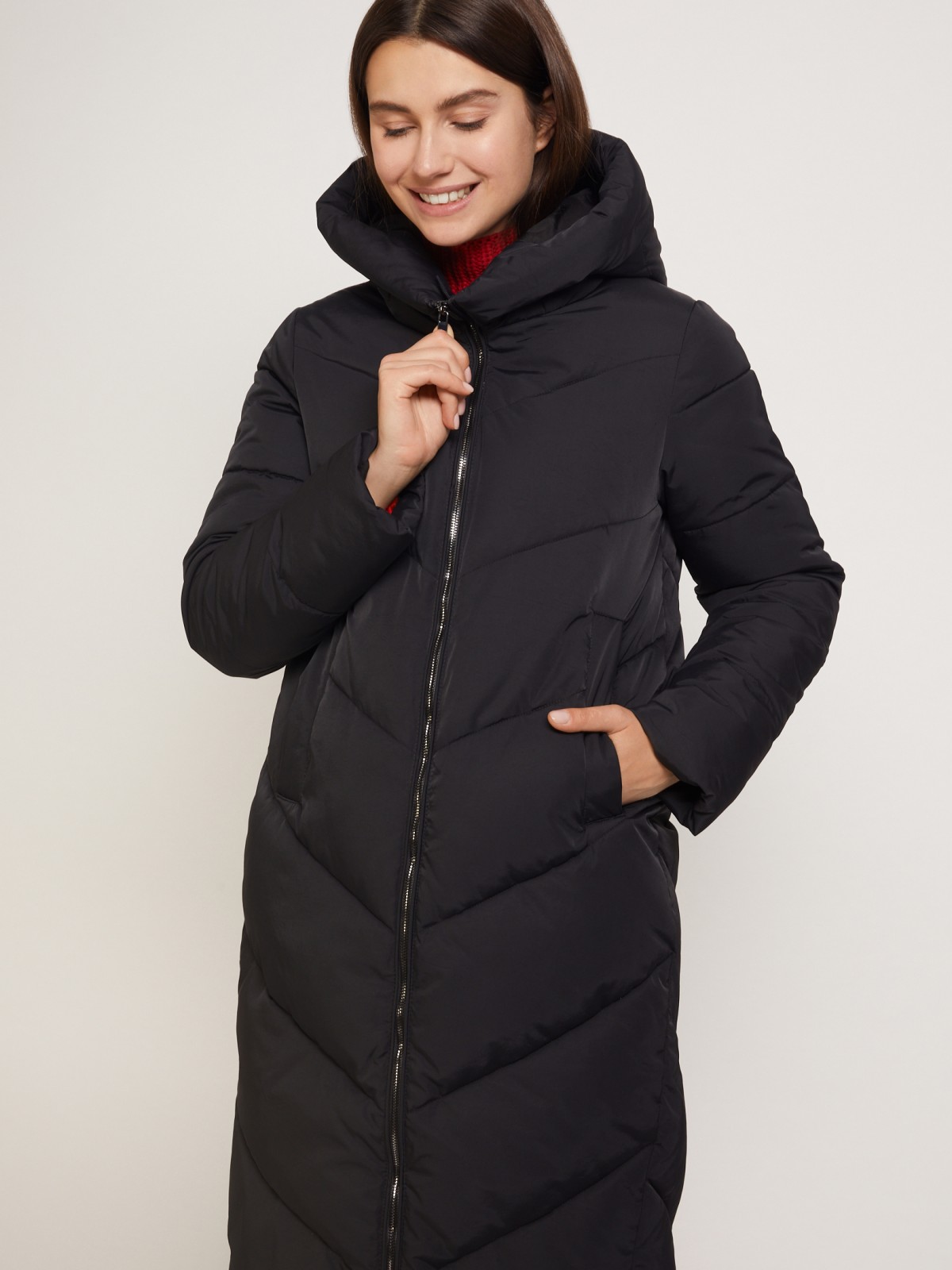 Тёплое стёганое пальто с капюшоном zolla 021345202054, цвет черный, размер XS - фото 3