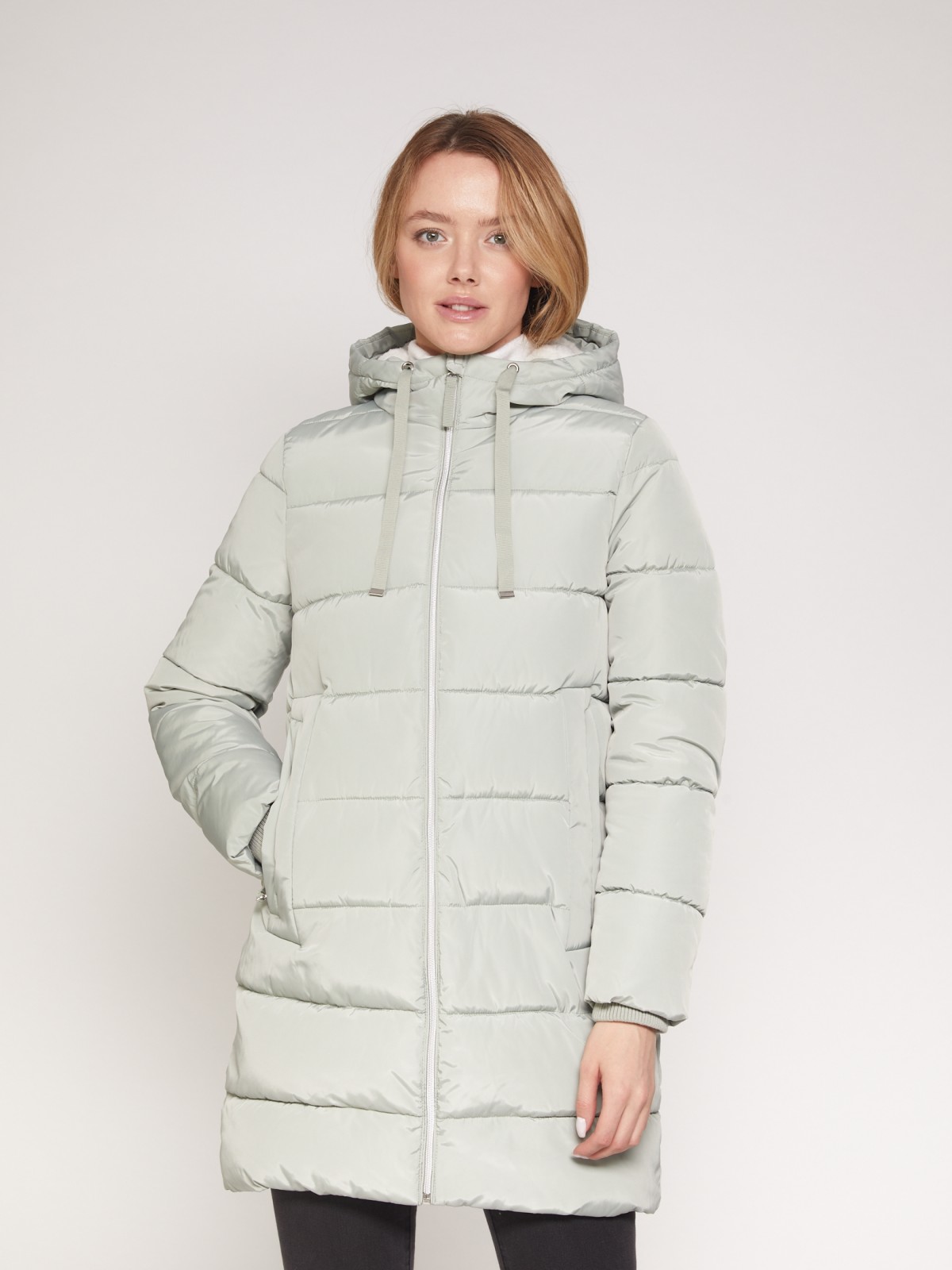 Утепленное стёганое пальто с капюшоном zolla 021335250034, цвет мятный, размер XS - фото 2