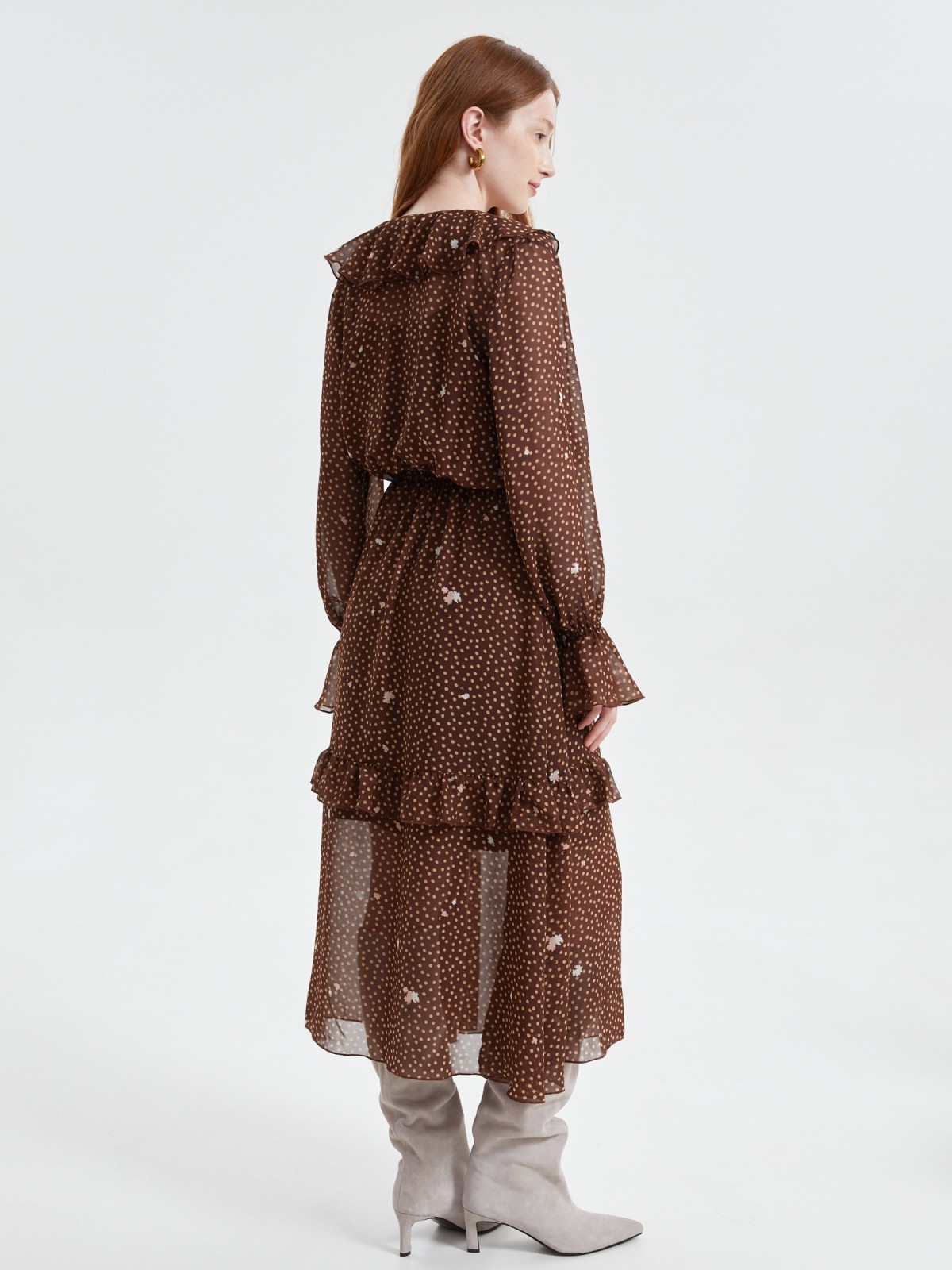 Платье миди из шифона с воланами