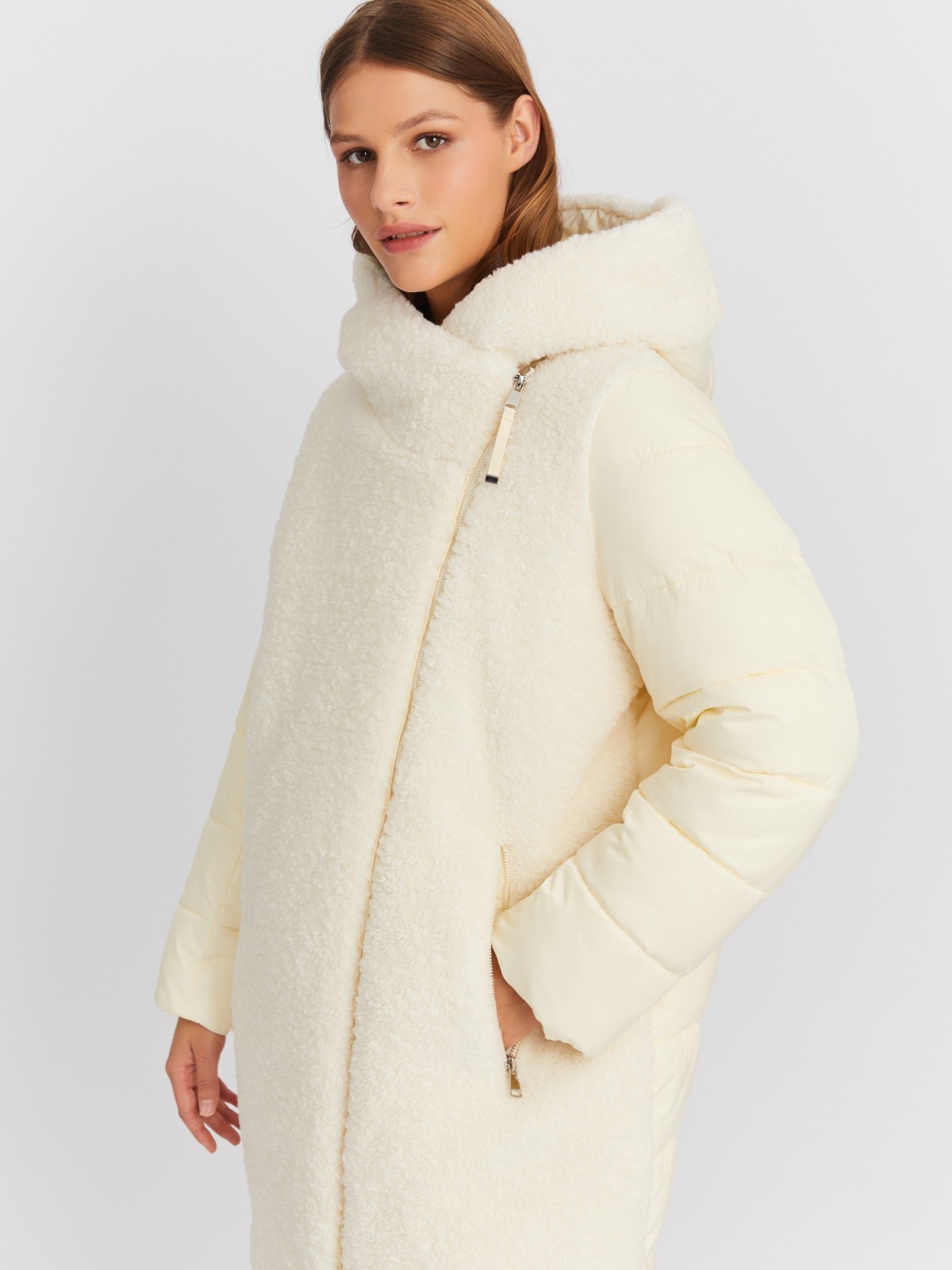Тёплая куртка-пальто с капюшоном и отделкой из экомеха zolla 022425212164, цвет молоко, размер L - фото 3