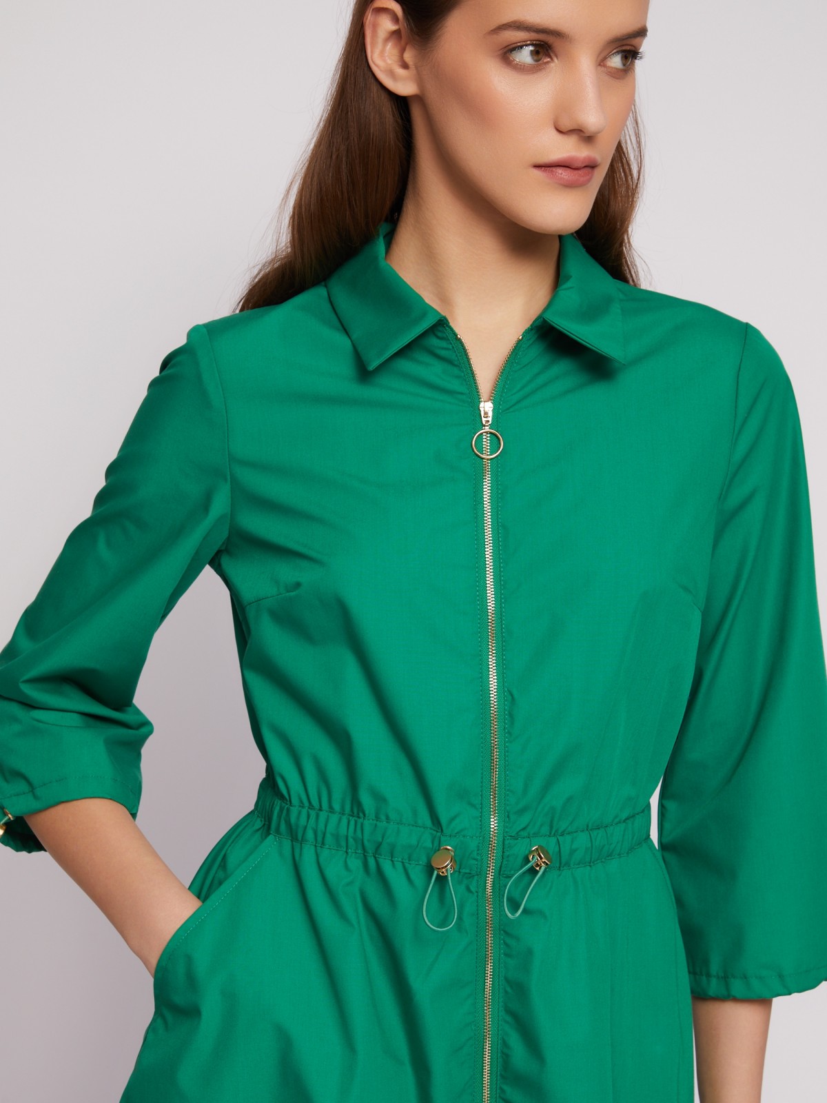 Платье-рубашка на молнии с кулиской zolla 024218259153, цвет зеленый, размер M - фото 4