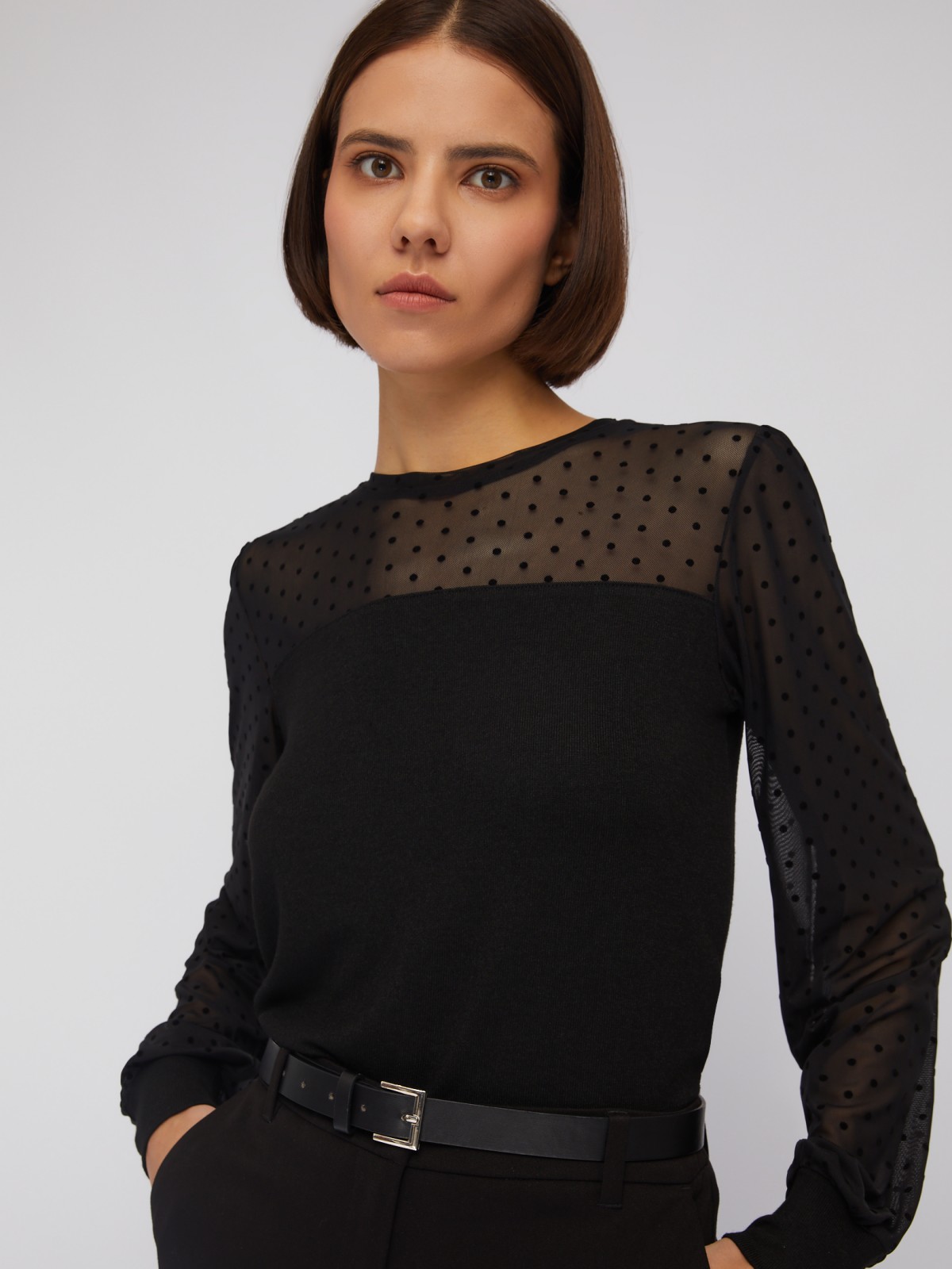 Трикотажный топ-блузка с акцентом на кокетке и рукавах zolla 024113159083, цвет черный, размер XS - фото 1