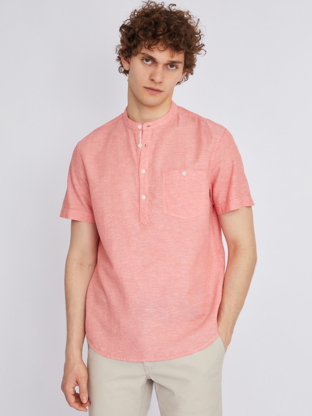 Рубашка из льна с коротким рукавом zolla красного цвета