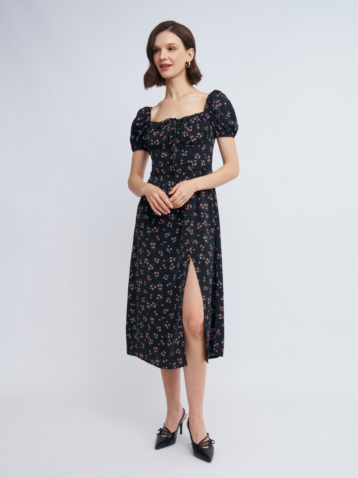 Платье миди с разрезом и цветочным принтом