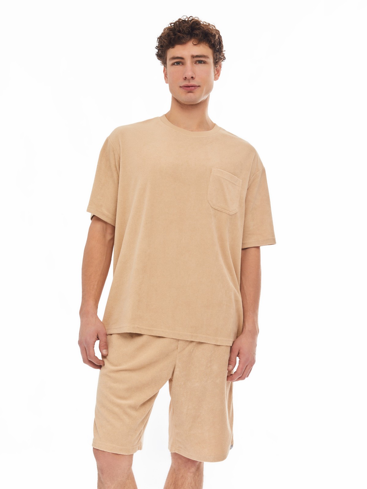 Домашний махровый комплект (футболка, шорты) zolla 614138759031, цвет бежевый, размер S