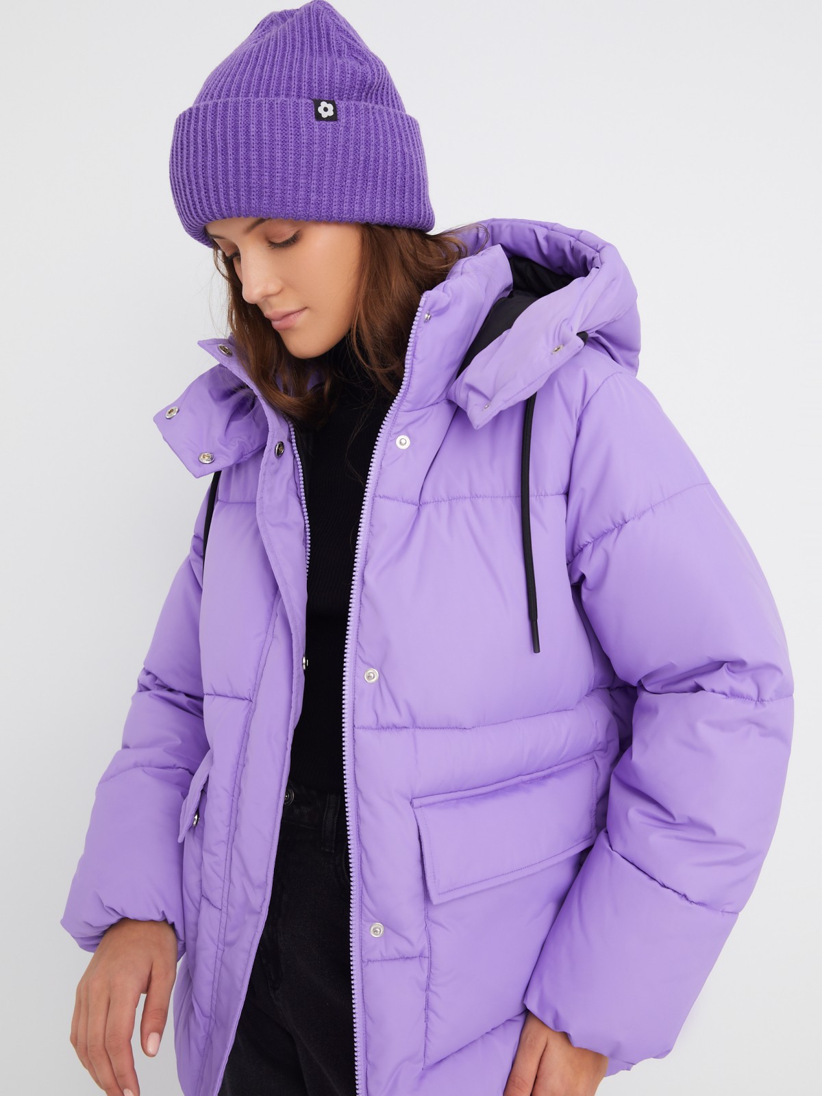 Тёплая дутая стёганая куртка с капюшоном и двойным воротником zolla 023345112104, цвет фиолетовый, размер XS - фото 1