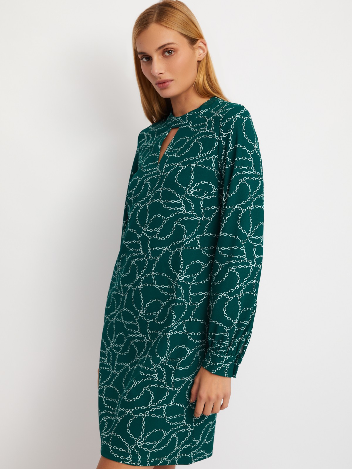Платье длины мини с чокером и с принтом zolla 024118135203, цвет темно-зеленый, размер S - фото 5