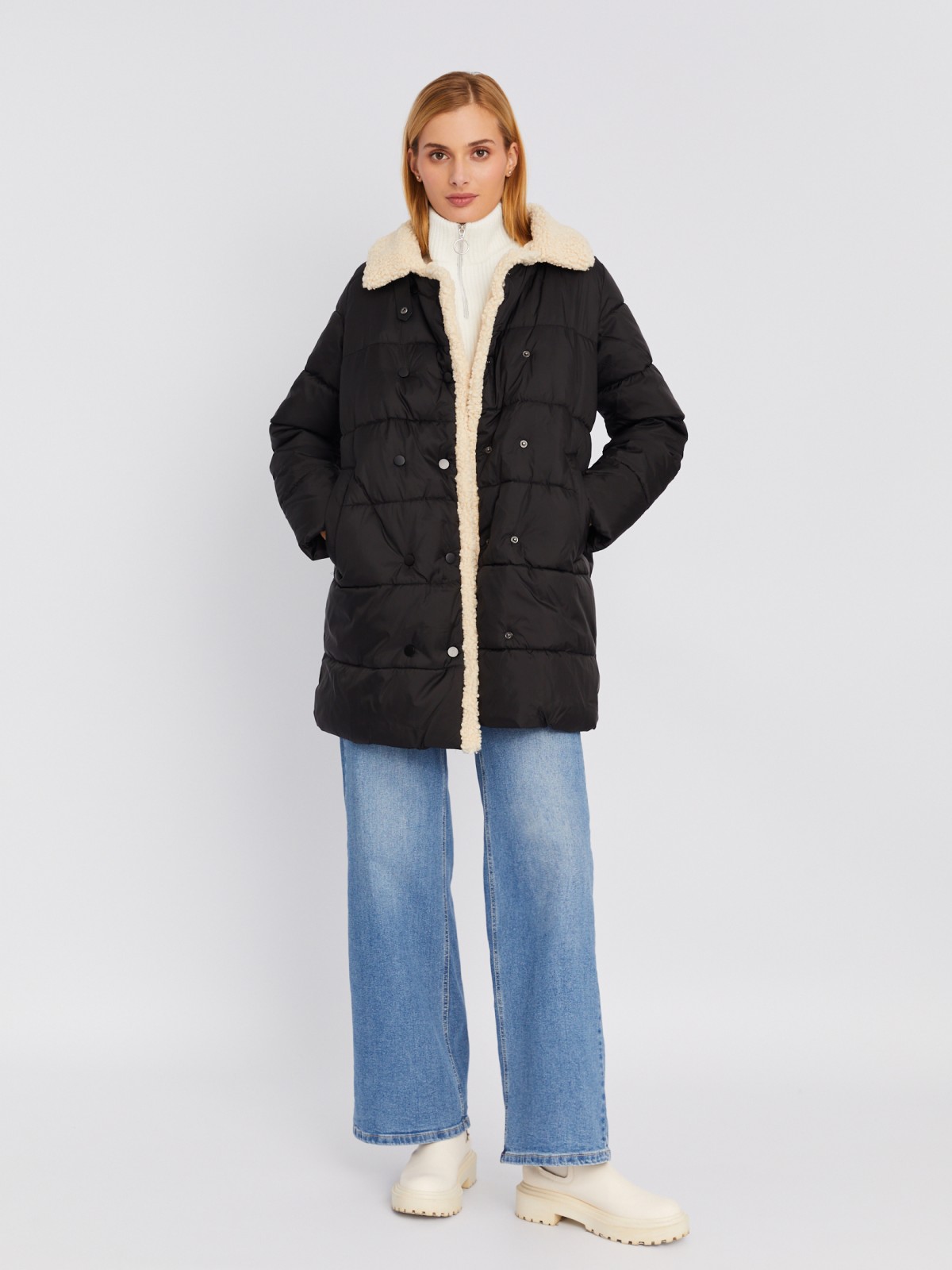 Тёплая стёганая куртка-пальто с отложным воротником и отделкой из искусственного меха zolla 023335239014, цвет черный, размер XS - фото 2