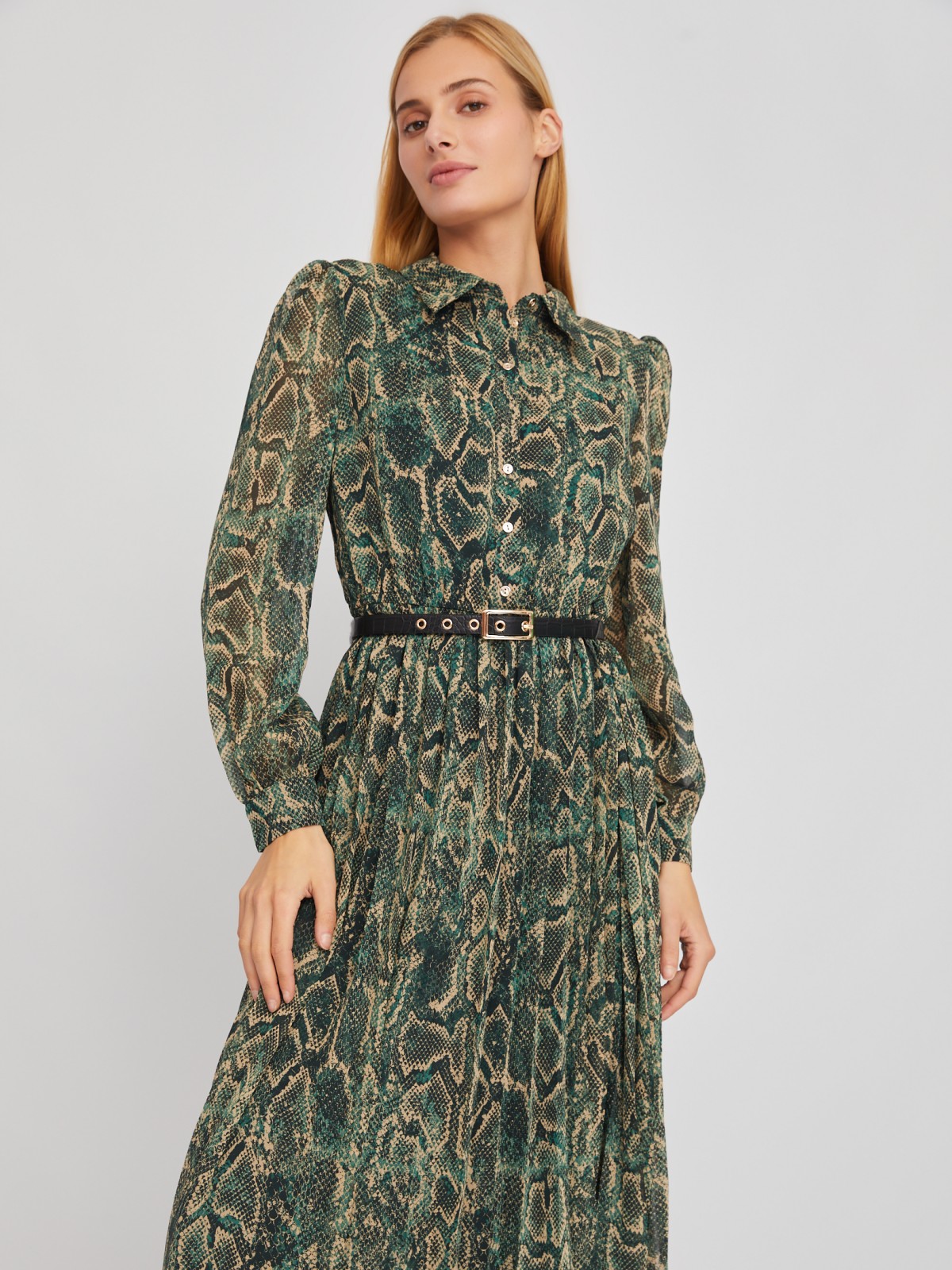 Шифоновое платье-рубашка длины миди с плиссировкой и акцентном на талии zolla 024118262123, цвет темно-зеленый, размер XS - фото 3