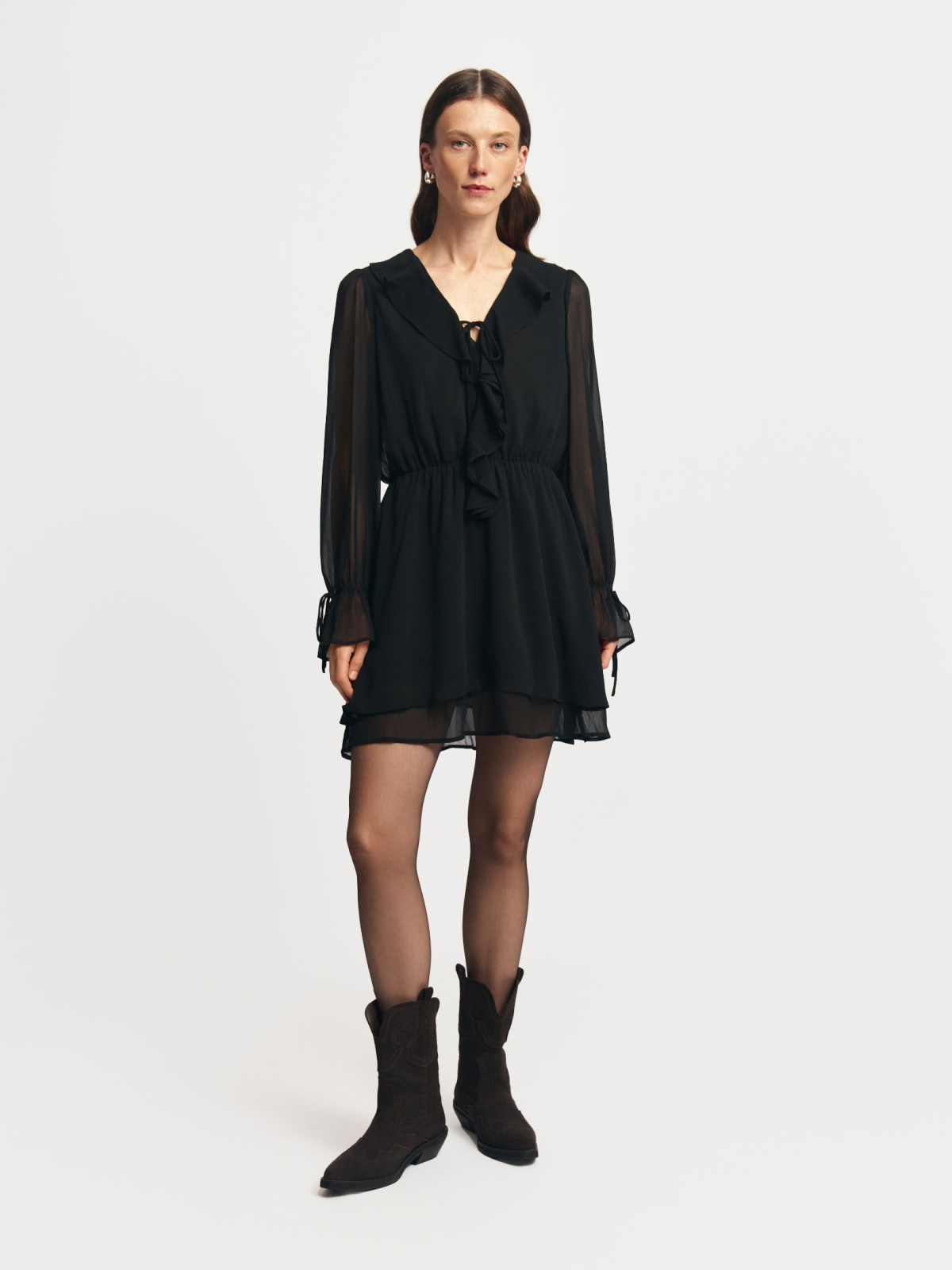 Платье мини из шифона с воланами