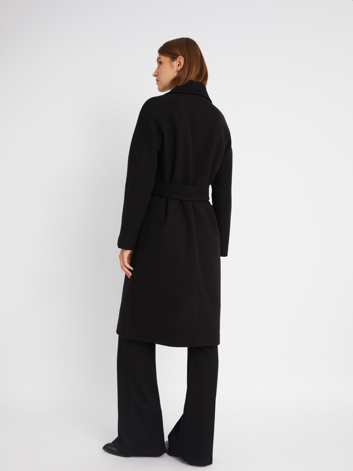 Длинное пальто без утеплителя на кнопках с рукавами реглан и поясом zolla 023335857014, цвет черный, размер XS - фото 6