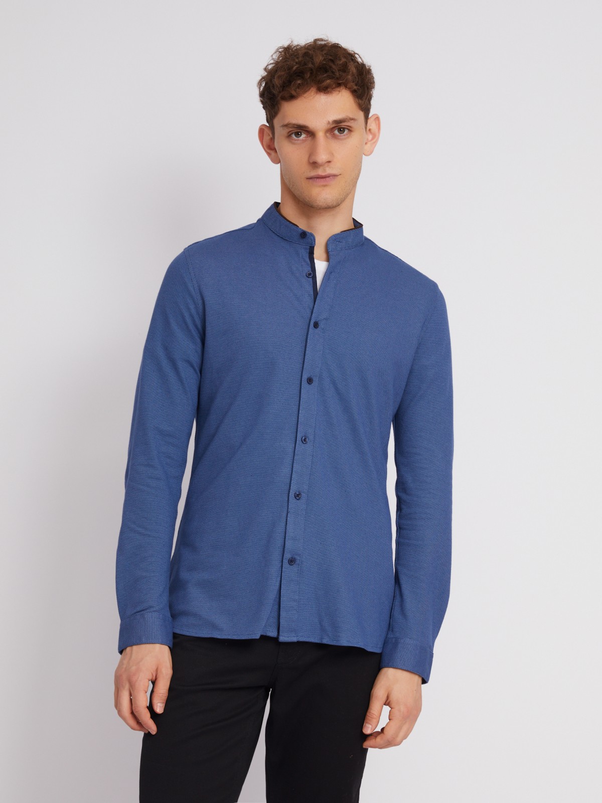 Офисная рубашка из хлопка с воротником-стойкой и длинным рукавом zolla 012322159071, цвет темно-синий, размер M - фото 5