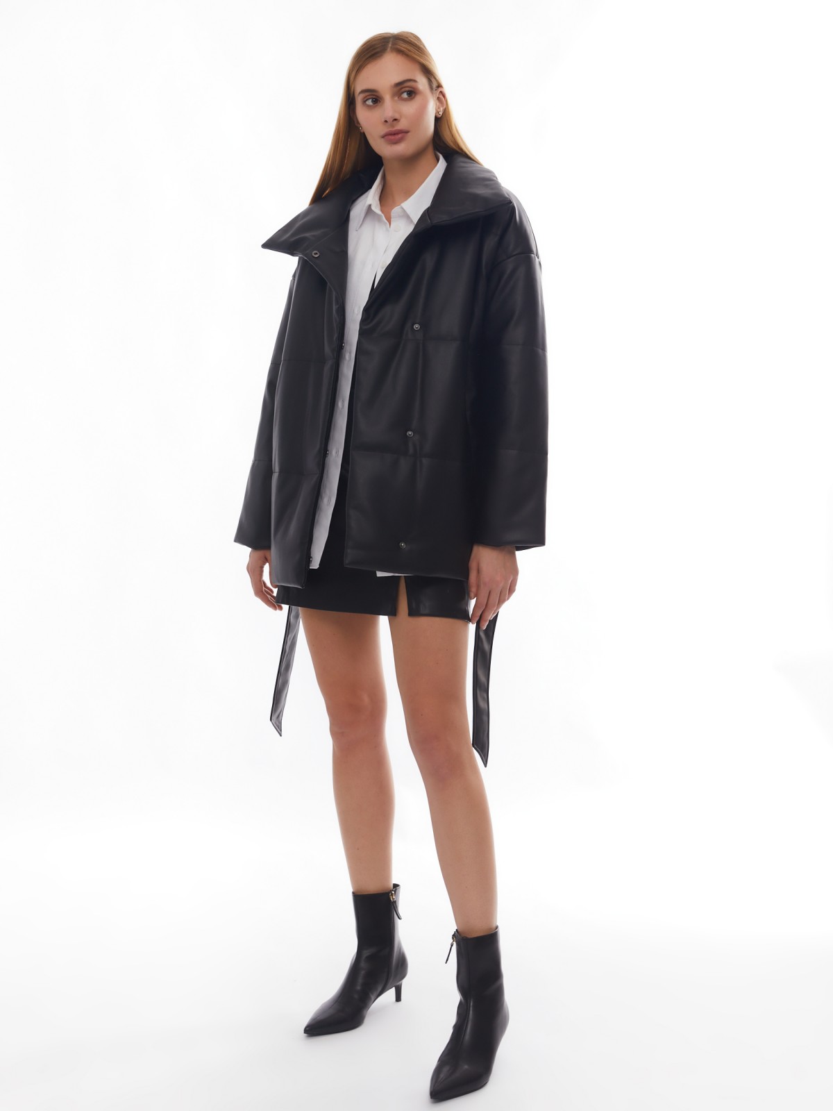 Тёплая дутая куртка из экокожи с высоким воротником и поясом zolla 02412512N104, цвет черный, размер XS - фото 2