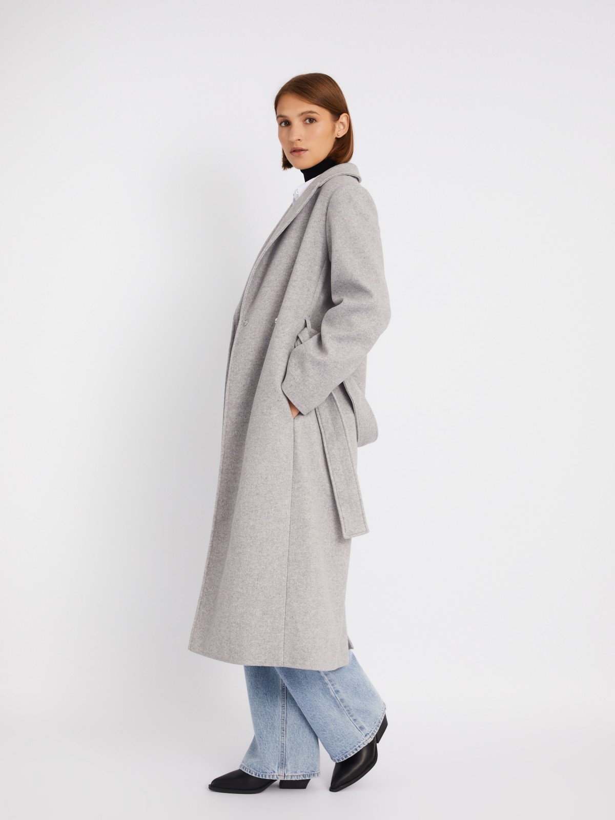 Длинное пальто без утеплителя на кнопках с поясом zolla 023335866084, цвет серый, размер XS - фото 3