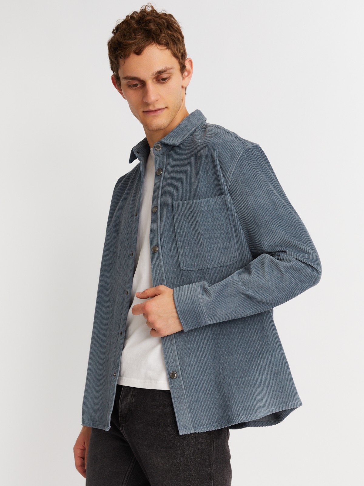 Вельветовая куртка-рубашка из хлопка с длинным рукавом zolla светло-голубого цвета