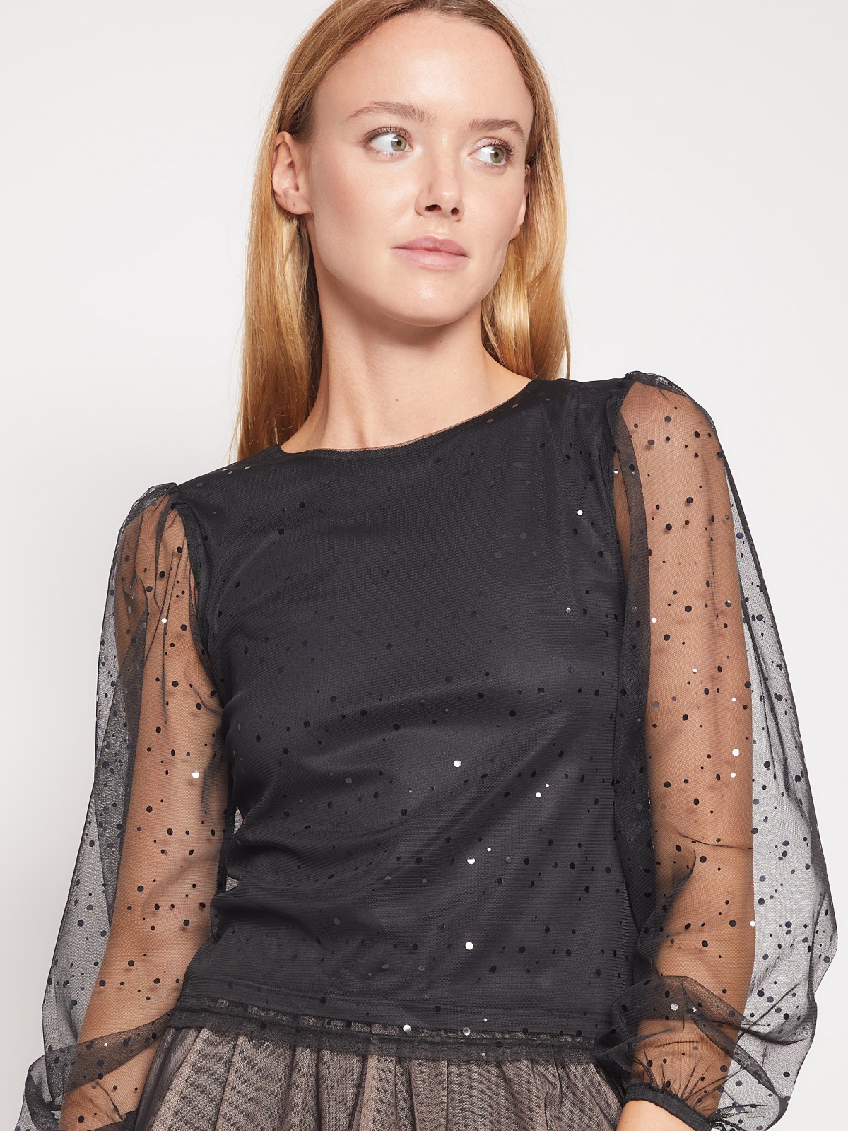 Блузка с прозрачными рукавами и пайетками zolla 021453139071, цвет черный, размер XS - фото 6