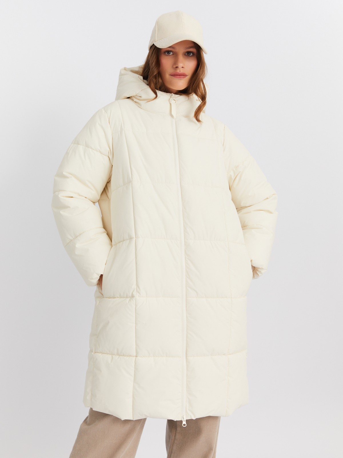 Тёплая длинная куртка-пальто на молнии с капюшоном