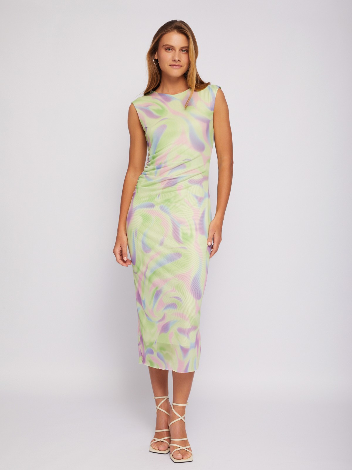 Платье из сетки с принтом Soft Focus и драпировкой zolla 02421819Y011, цвет лайм, размер XS - фото 2