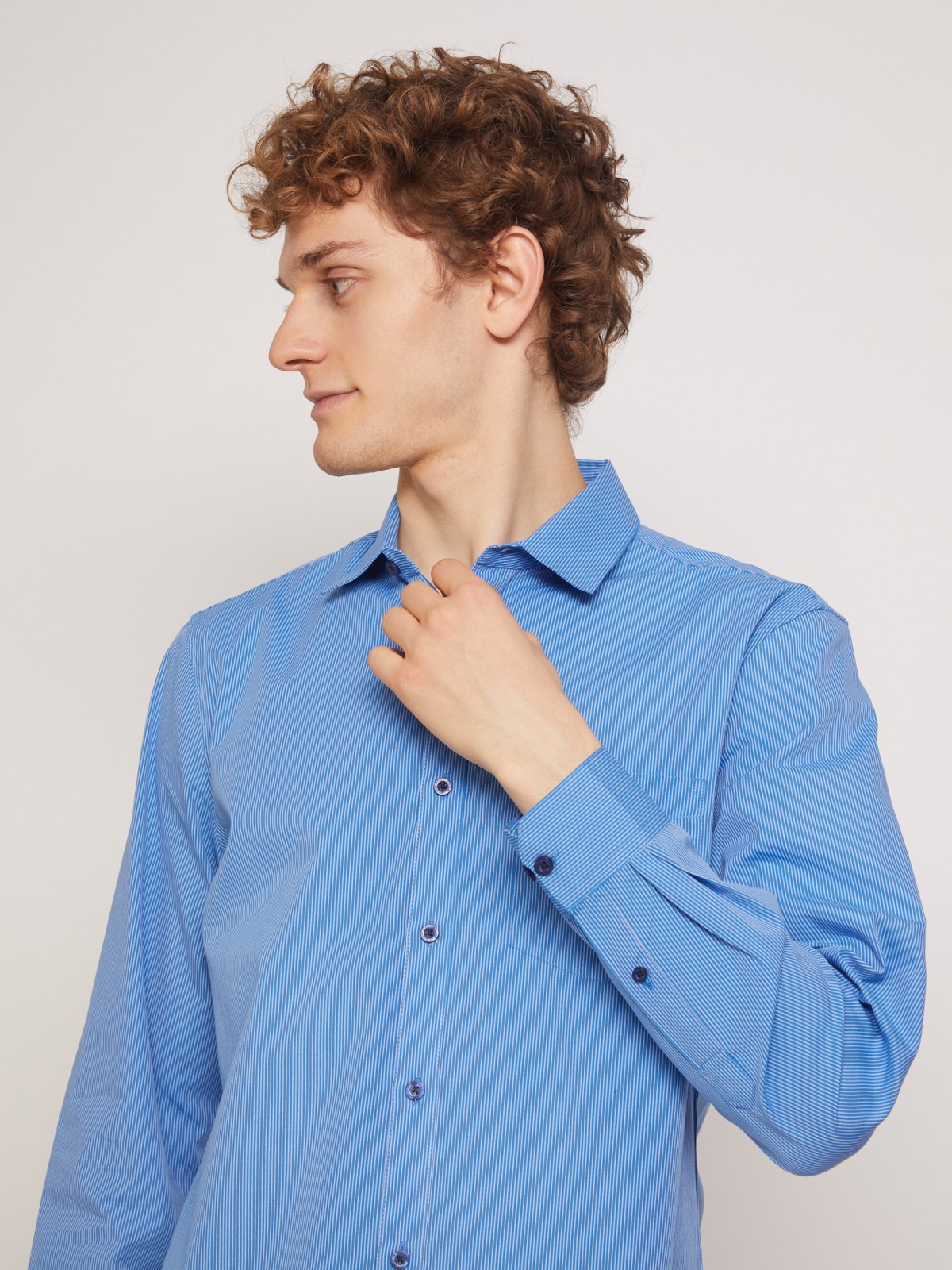 Рубашка с узором в тонкую полоску zolla 011332162012, цвет голубой, размер S - фото 3