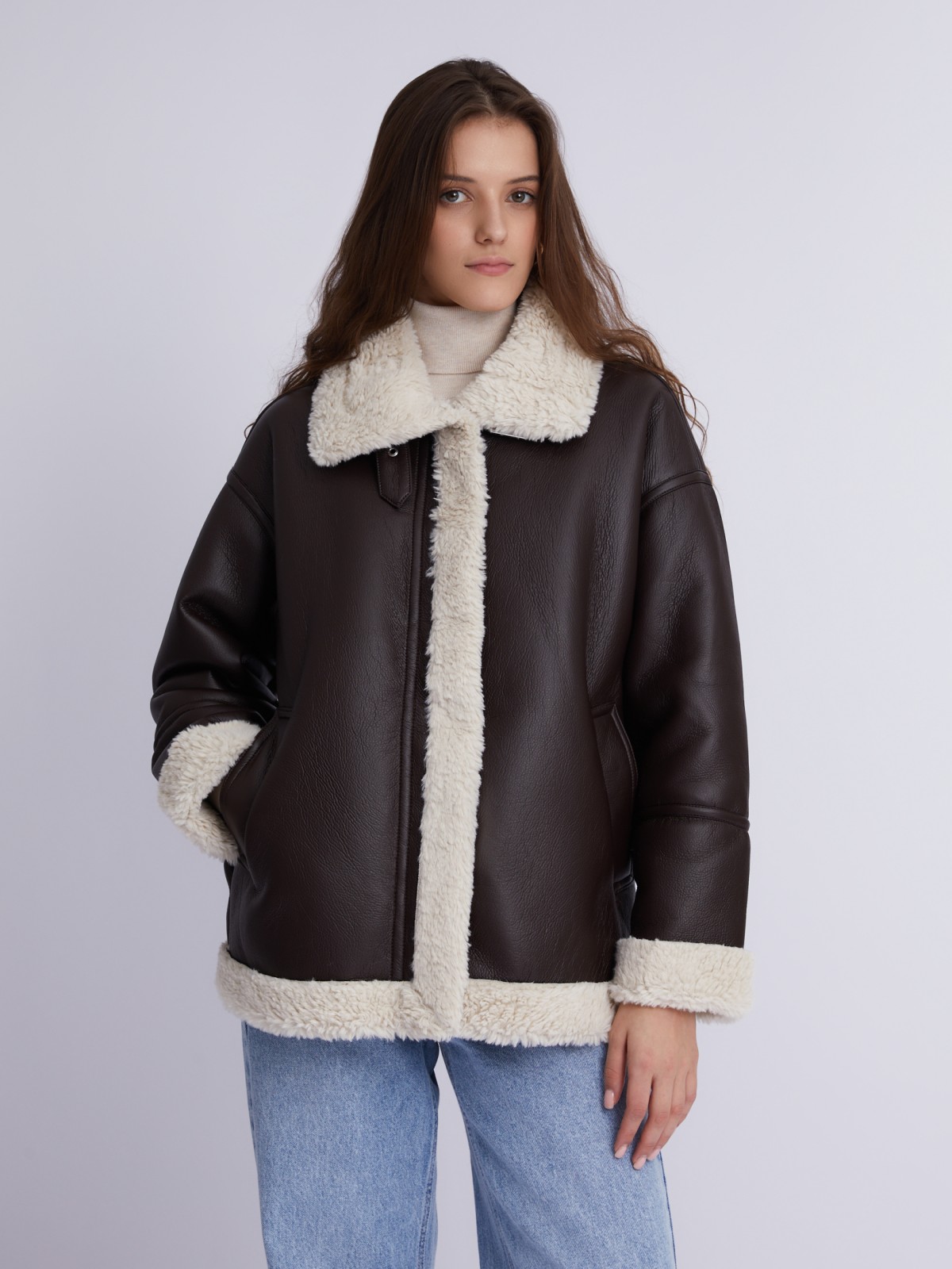 Тёплая куртка-дублёнка из экокожи с искусственным мехом по подкладке zolla 023335550124, цвет коричневый, размер XS - фото 3