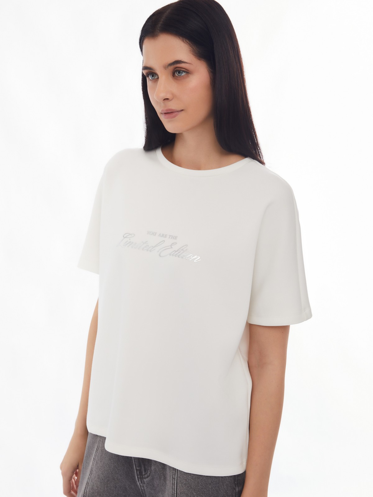 Блузка-футболка из неопрена с принтом-надписью zolla 024133210243, цвет молоко, размер XS - фото 3