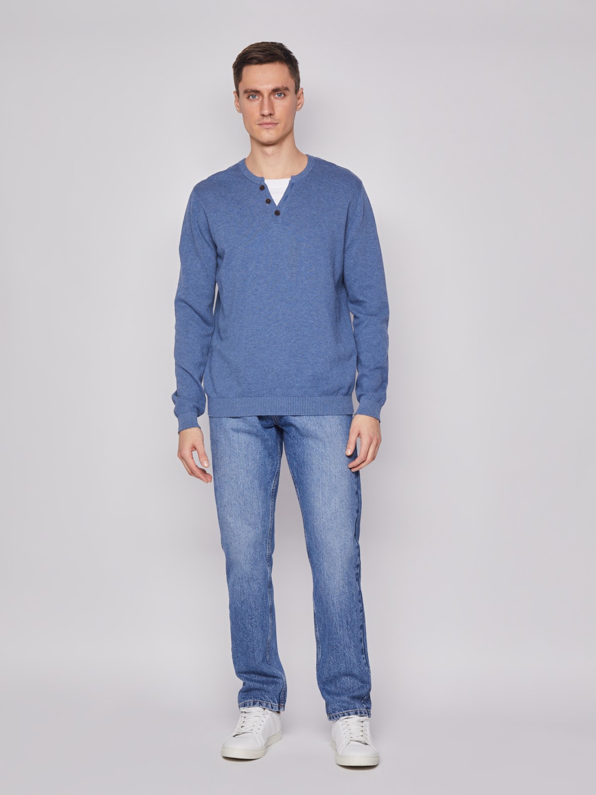 Комбинированный пуловер из хлопка zolla 212116765022, цвет голубой, размер M - фото 2