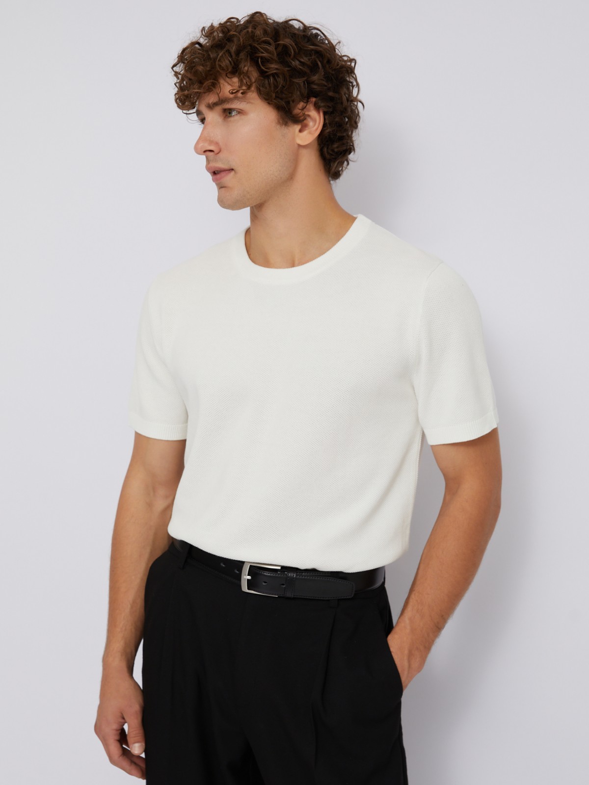 Тонкий трикотажный джемпер из хлопка с коротким рукавом