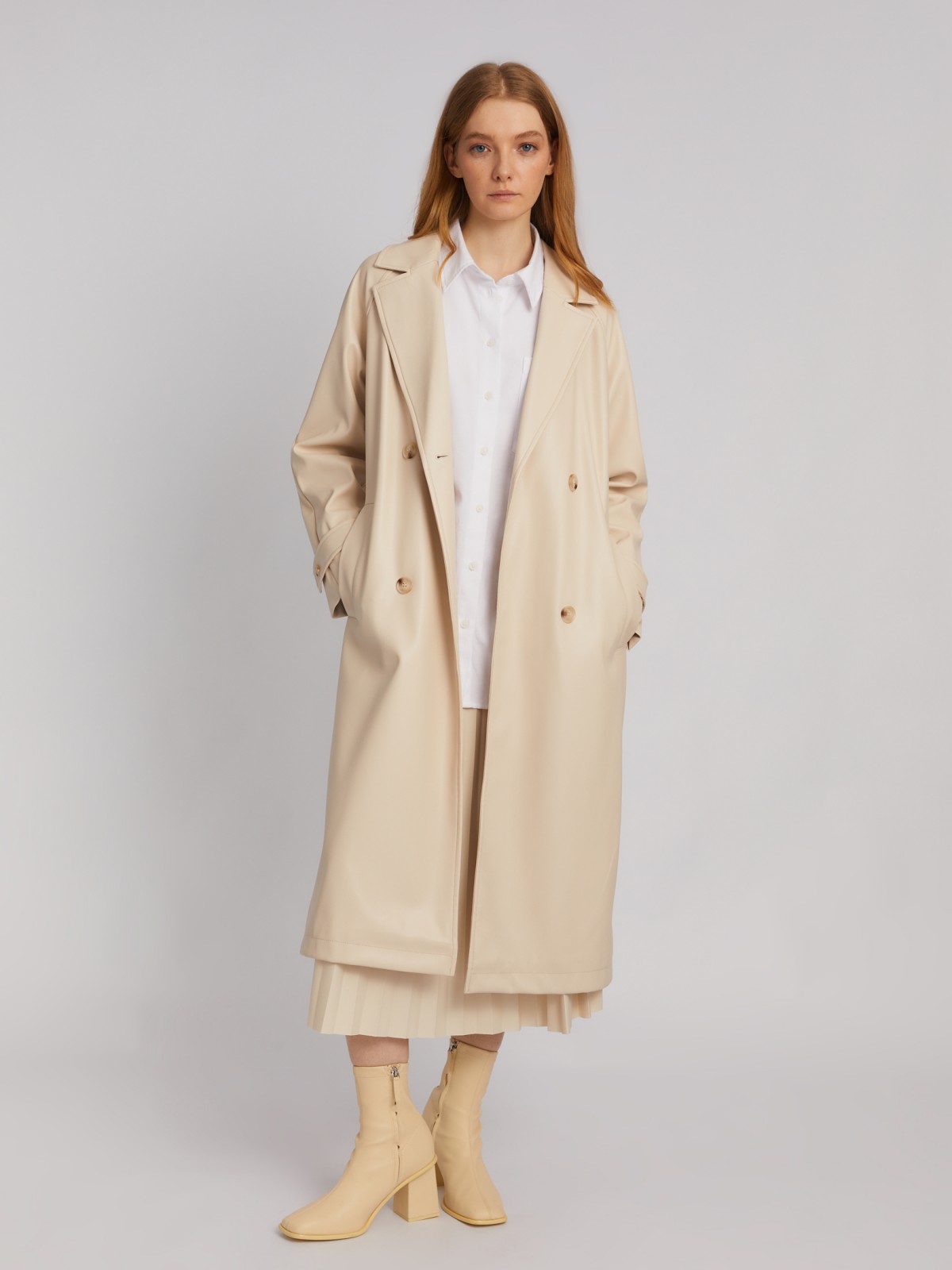 Длинное пальто-тренч из экокожи с рукавами реглан и поясом zolla 024135707024, цвет молоко, размер XS - фото 2