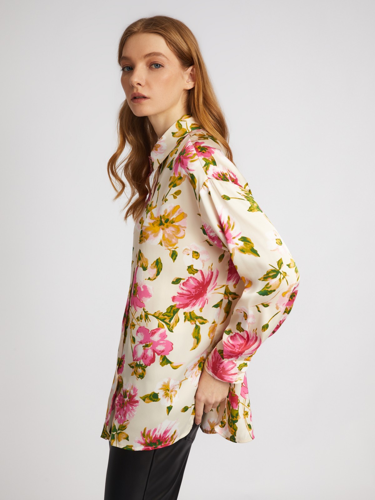 Атласная рубашка оверсайз силуэта с цветочным принтом zolla 02413117Y213, размер XS - фото 4