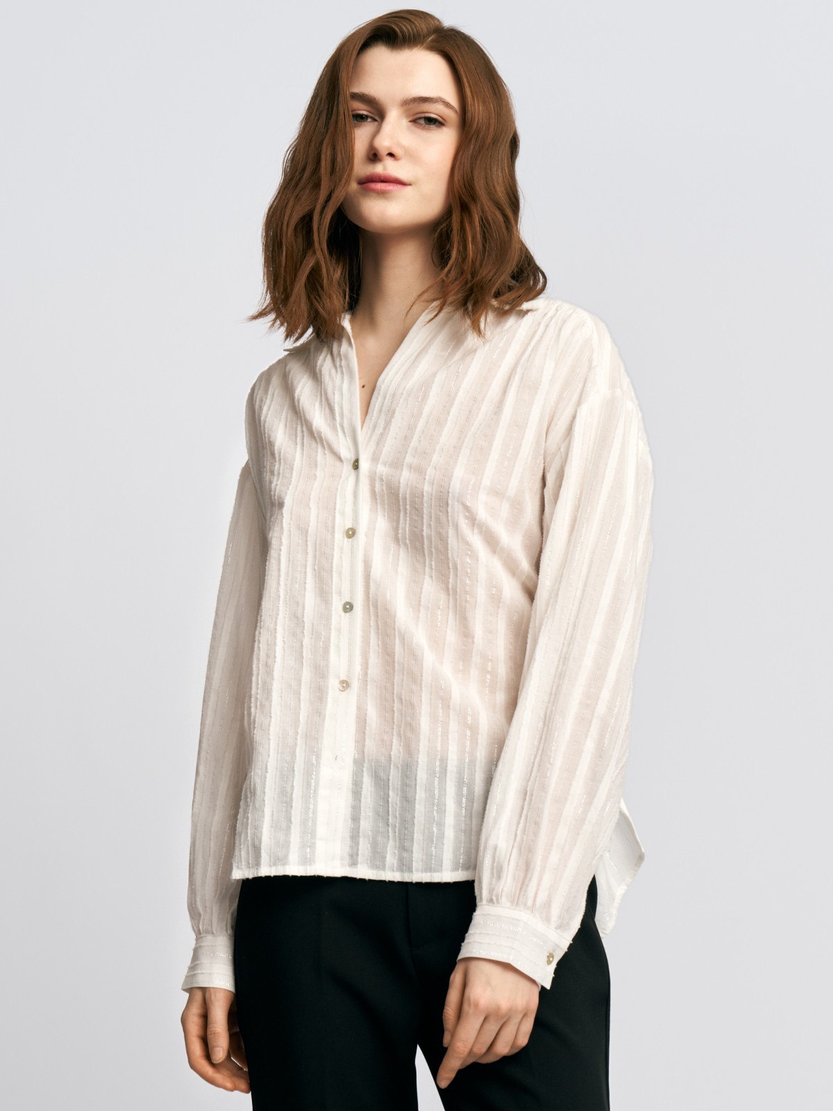 Блузка из хлопка в полоску с поясом