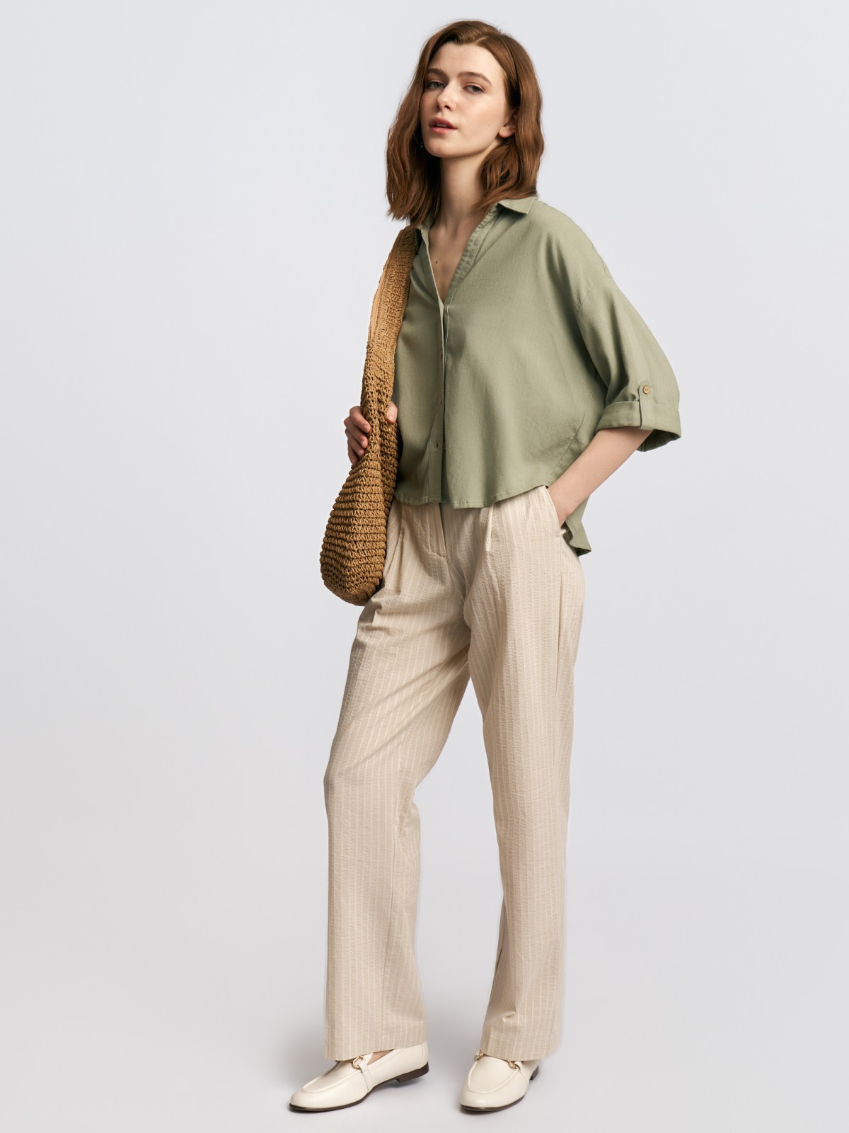 Брюки прямого фасона из хлопка в полоску