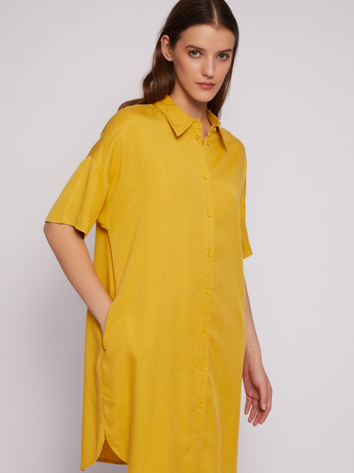 Платье-рубашка мини из лиоцелла на пуговицах zolla 02421827Y053, цвет горчичный, размер S - фото 4