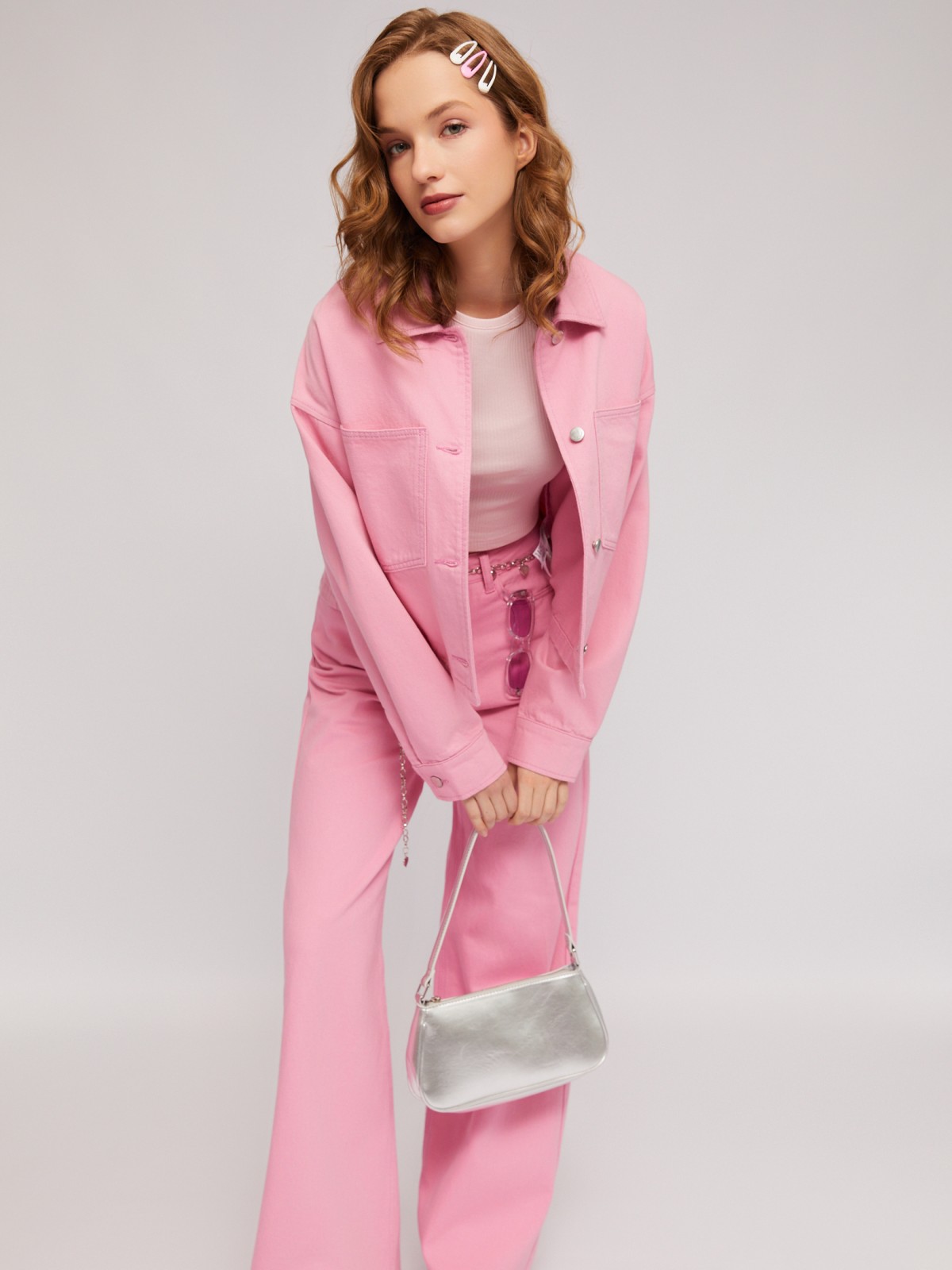 Джинсовая укороченная куртка оверсайз zolla 024235D4S063, цвет розовый, размер S - фото 1